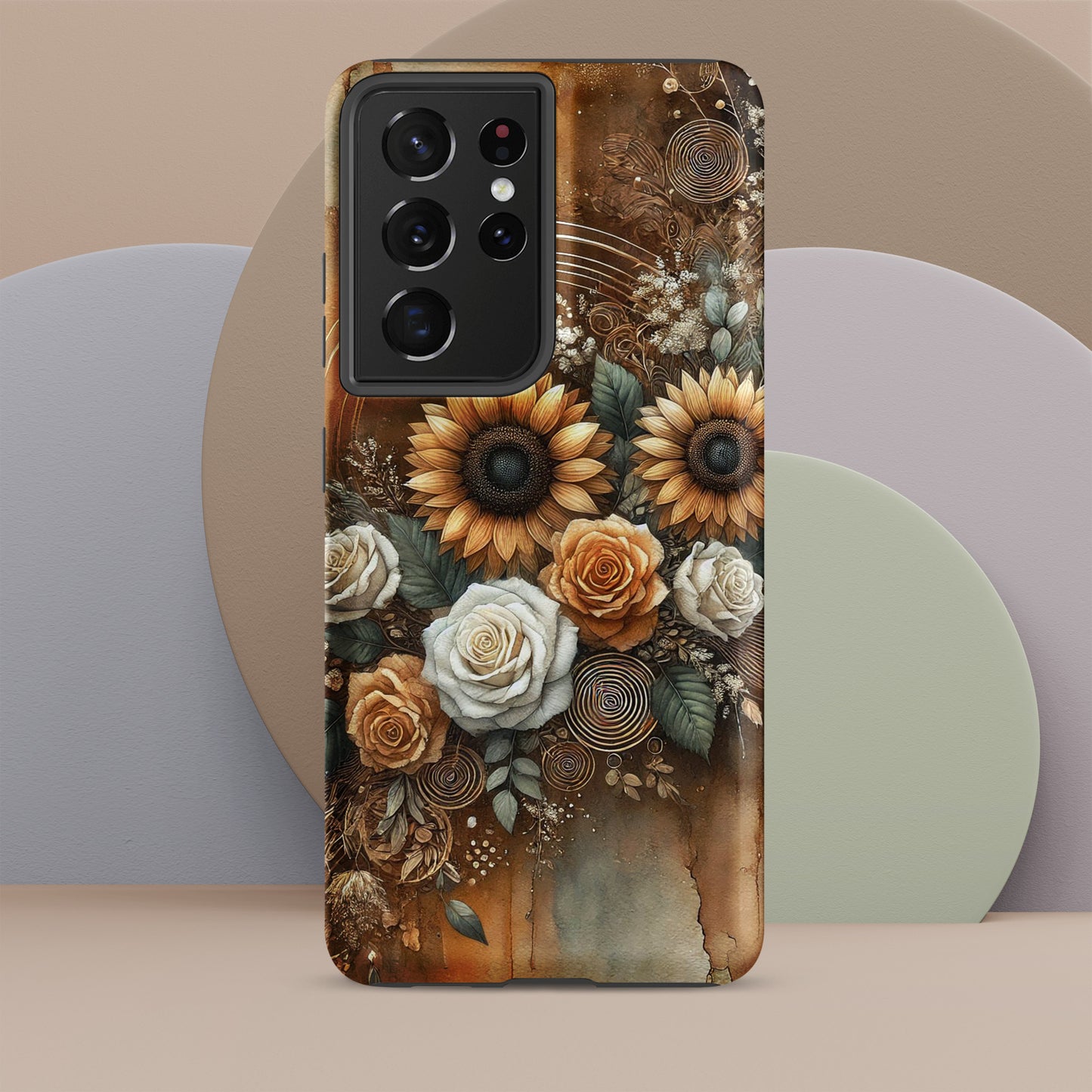 Front of Samsung s21 cover of beige and golden flower arrangement