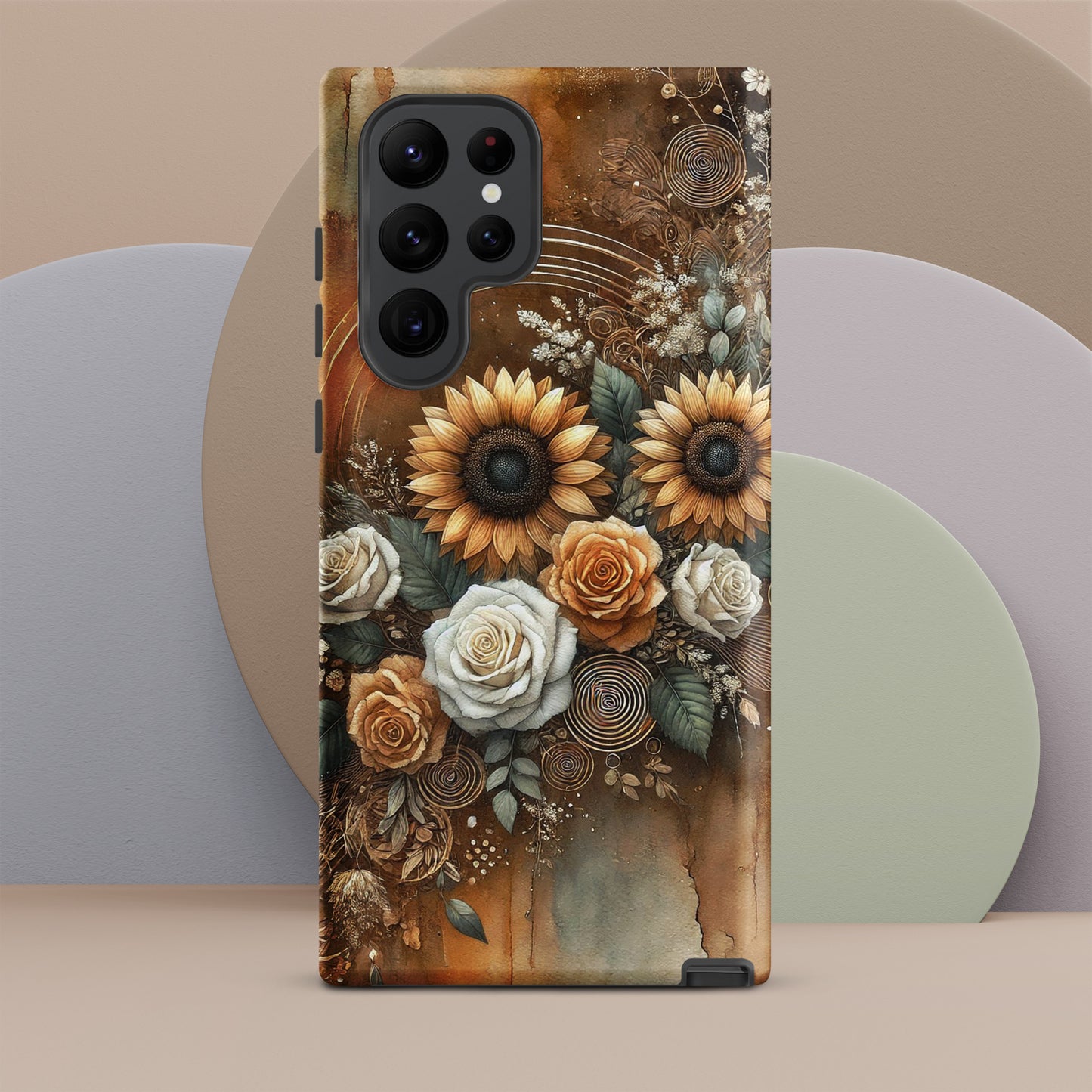 Front of Samsung s22 ultra cover of beige and golden flower arrangement
