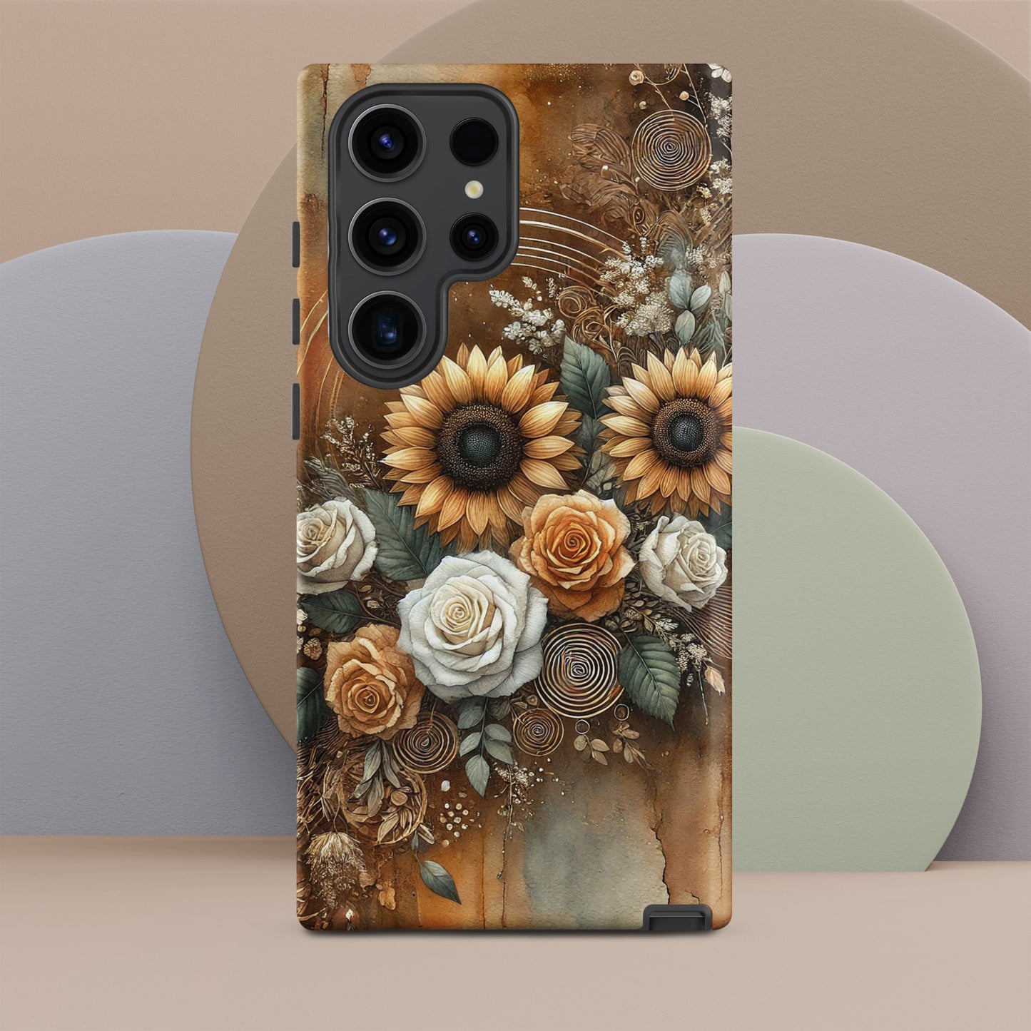 Front of Samsung s23 ultra cover of beige and golden flower arrangement