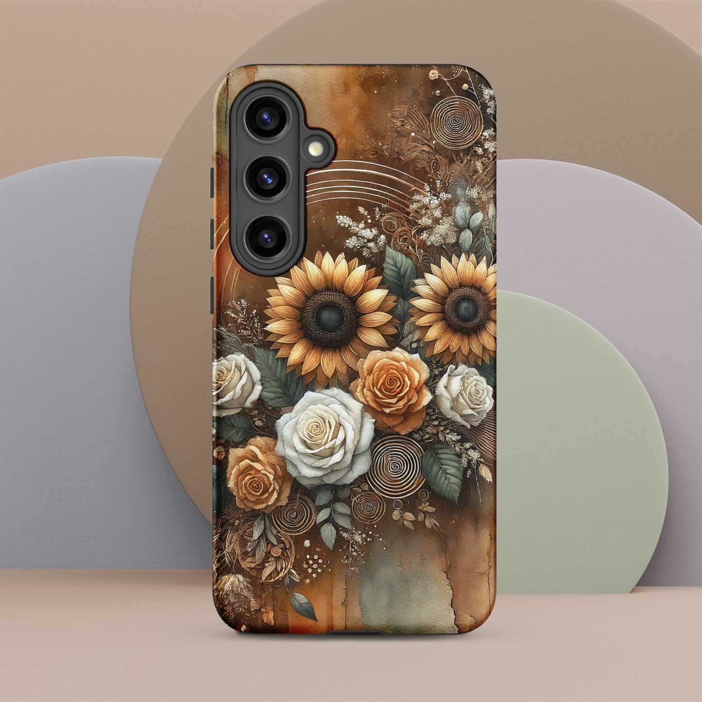 Front of Samsung s24 plus cover of beige and golden flower arrangement