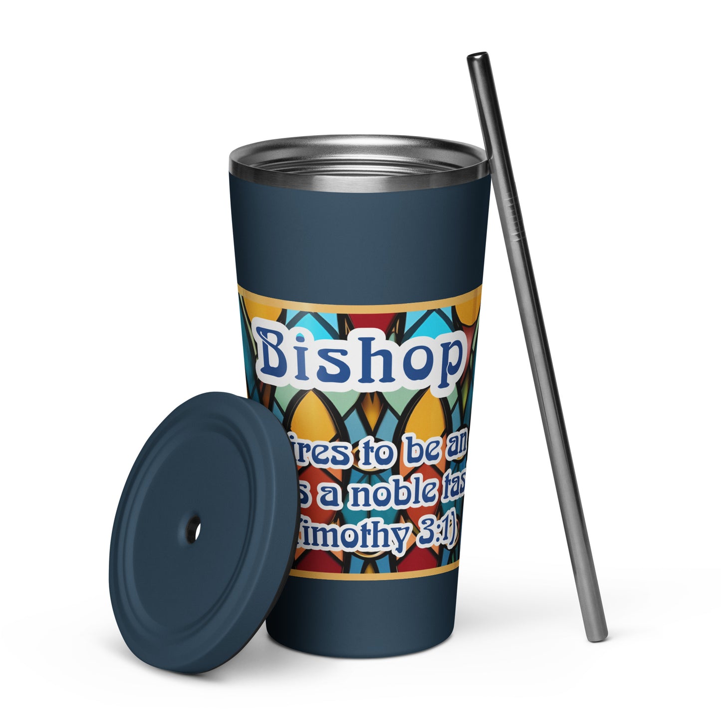 Front of navy tumbler w/straw covered in a stained-glass wrap with blue and white text saying 'bishop' and 1 Timothy 3 scripture