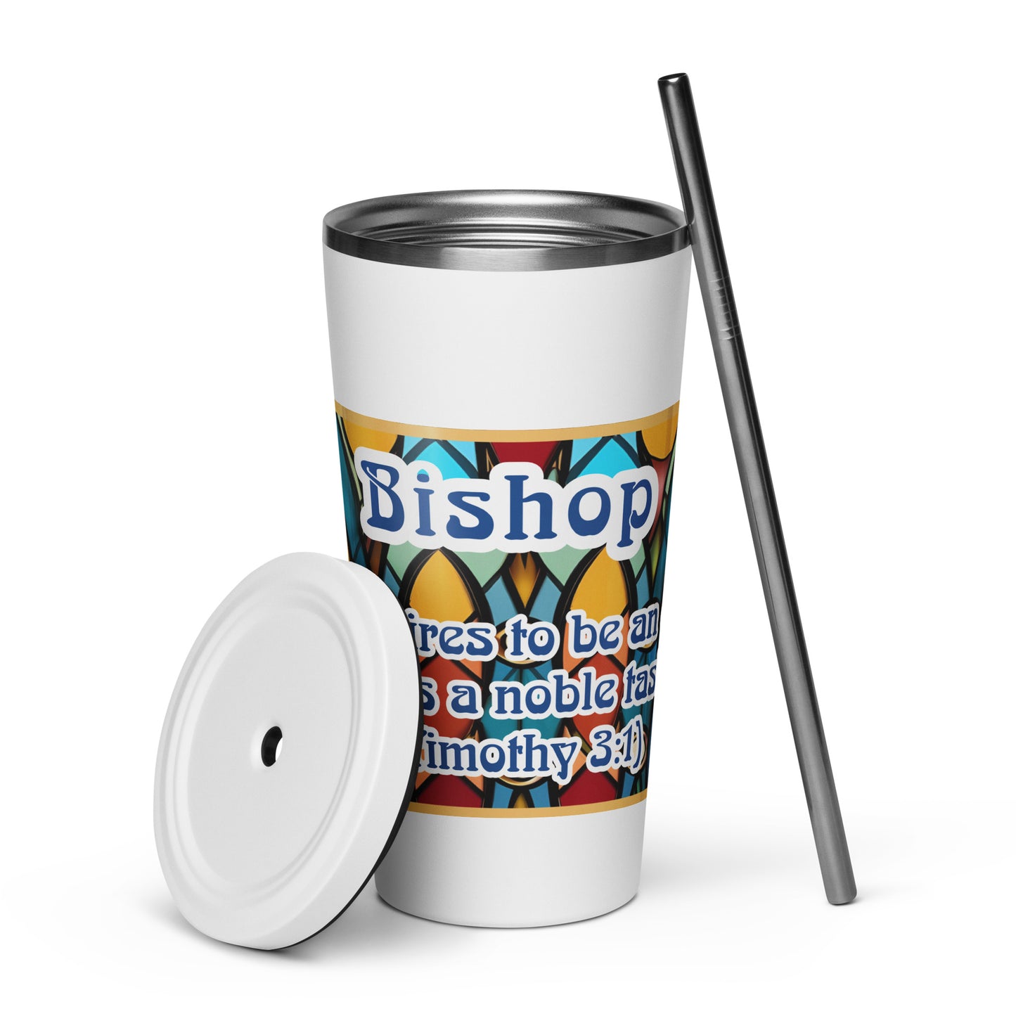 Front of white tumbler w/straw covered in a stained-glass wrap with blue and white text saying 'bishop' and 1 Timothy 3 scripture