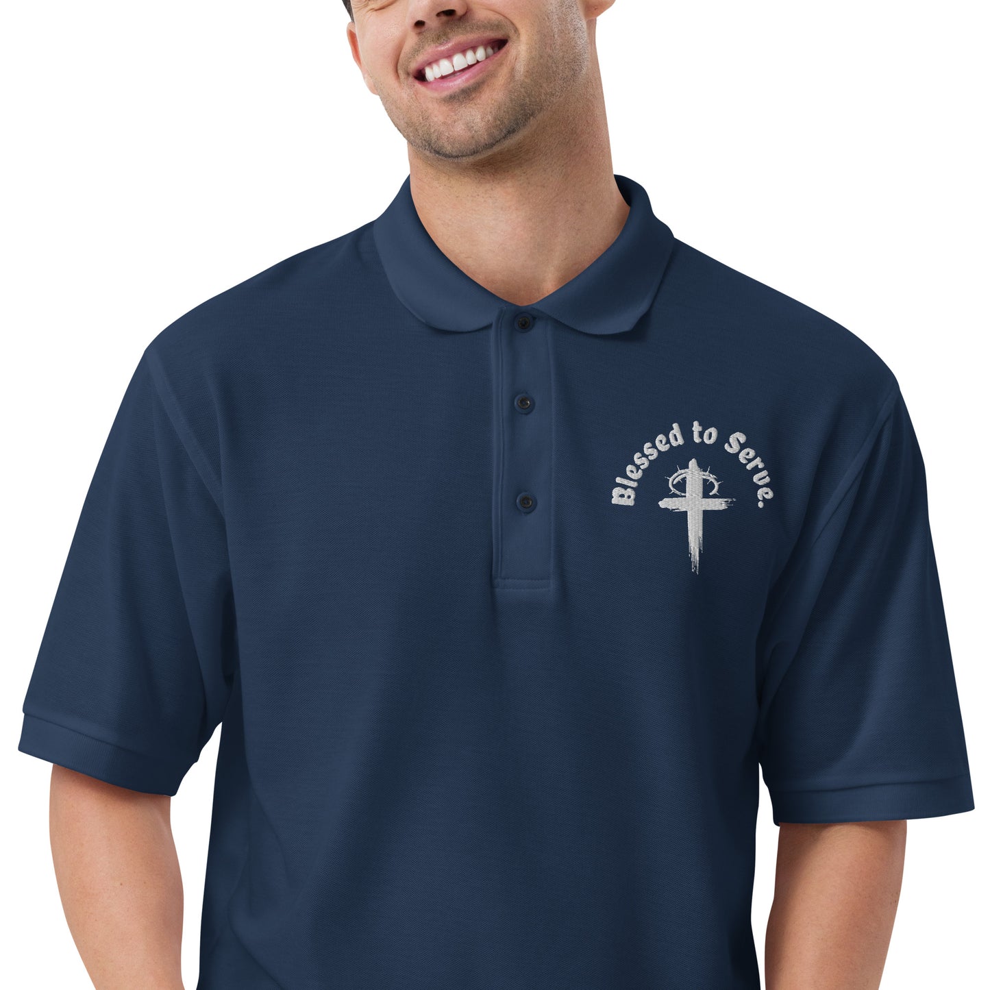 Front navy men's polo t-shirt with cross logo and text saying 'blessed to serve'