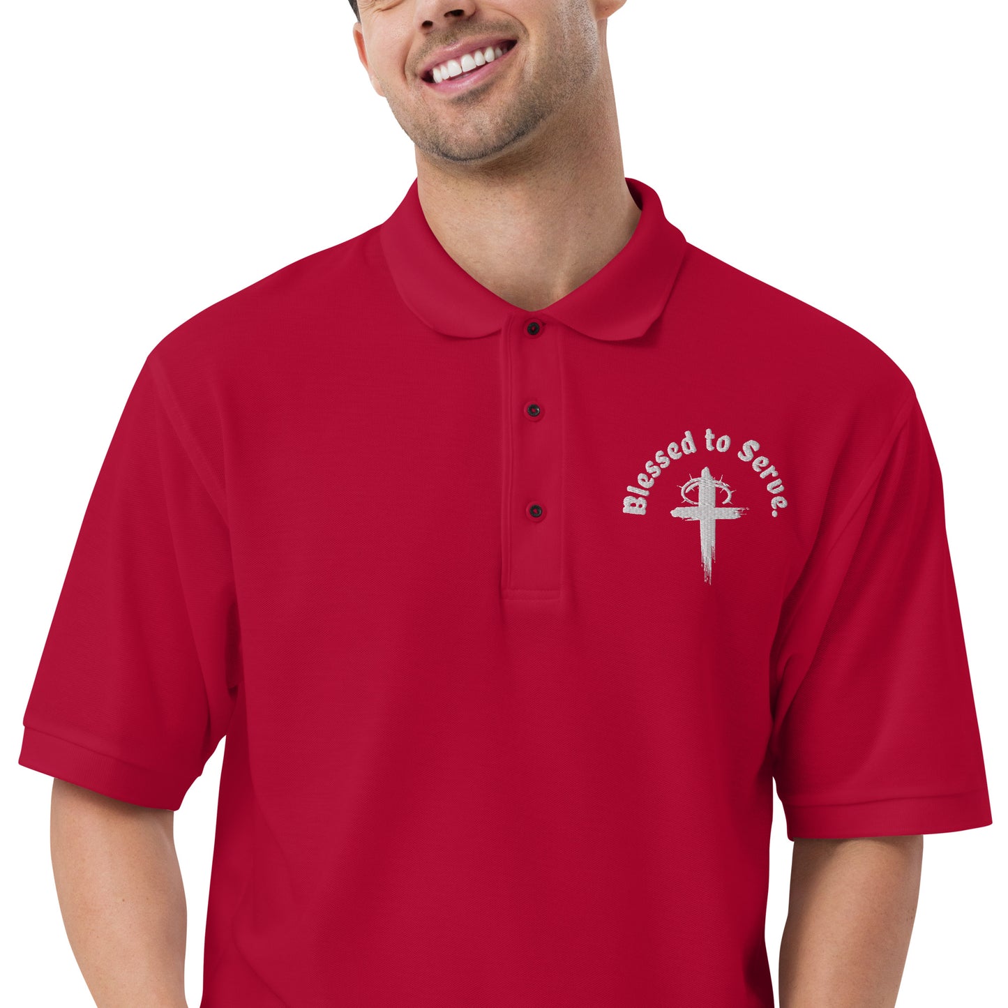 Front red men's polo t-shirt with cross logo and text saying 'blessed to serve'