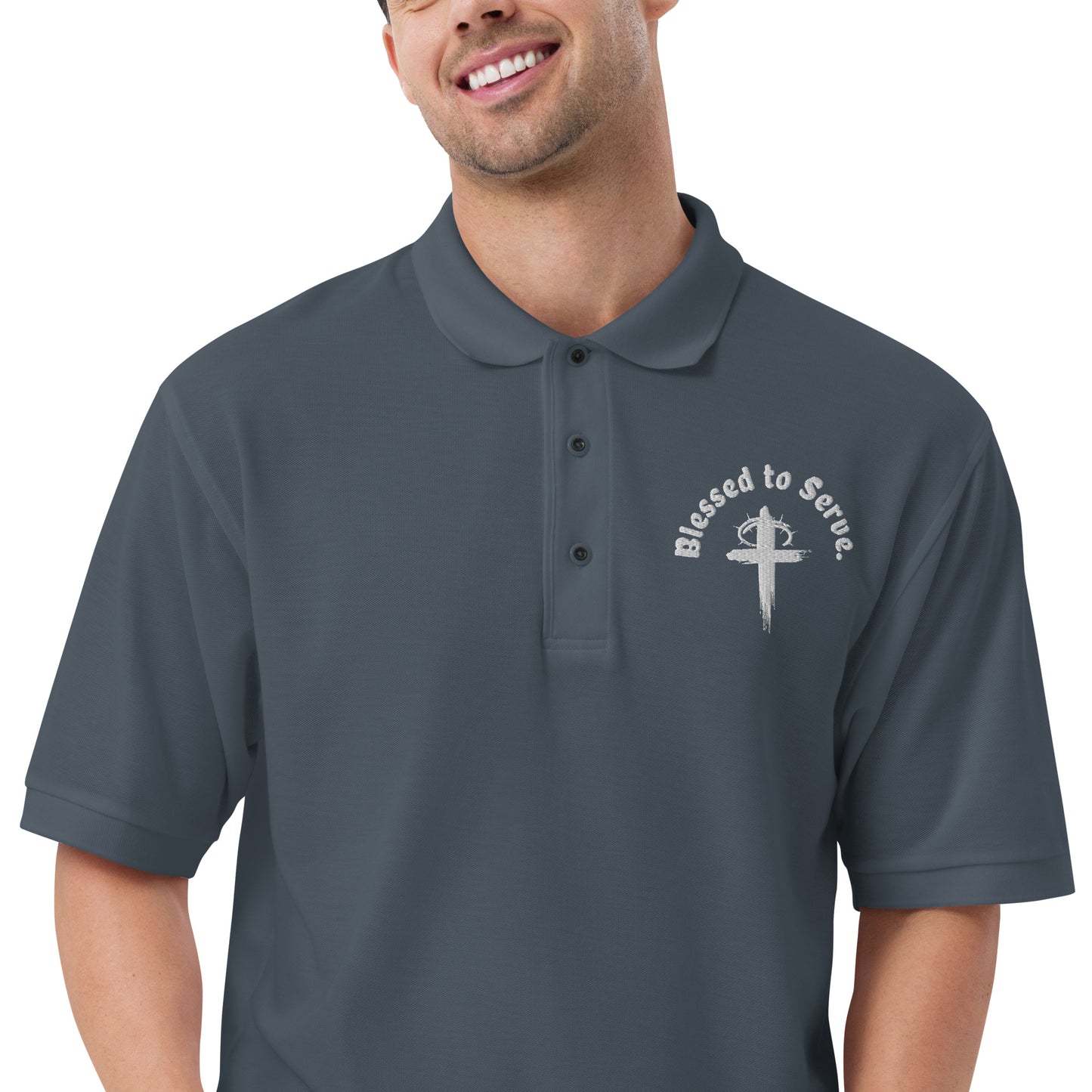 Front grey men's polo t-shirt with cross logo and text saying 'blessed to serve'