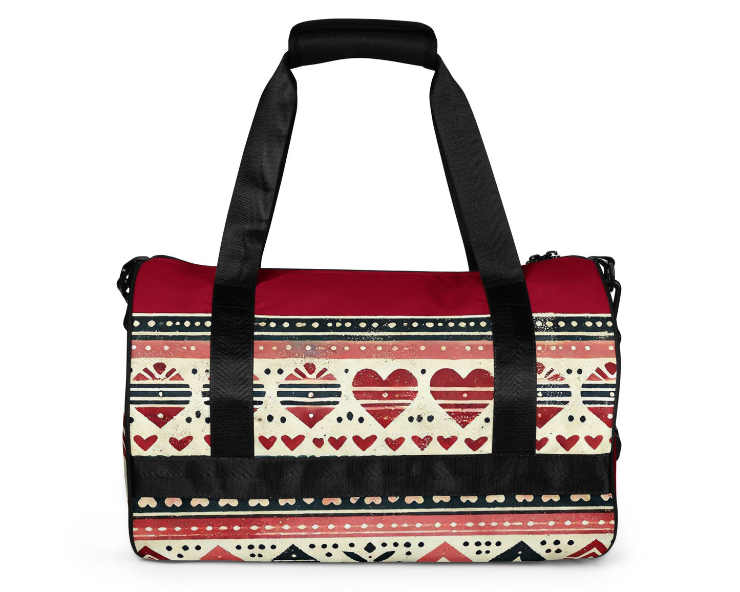 Back of burgundy and pink hearts patterned gym bag