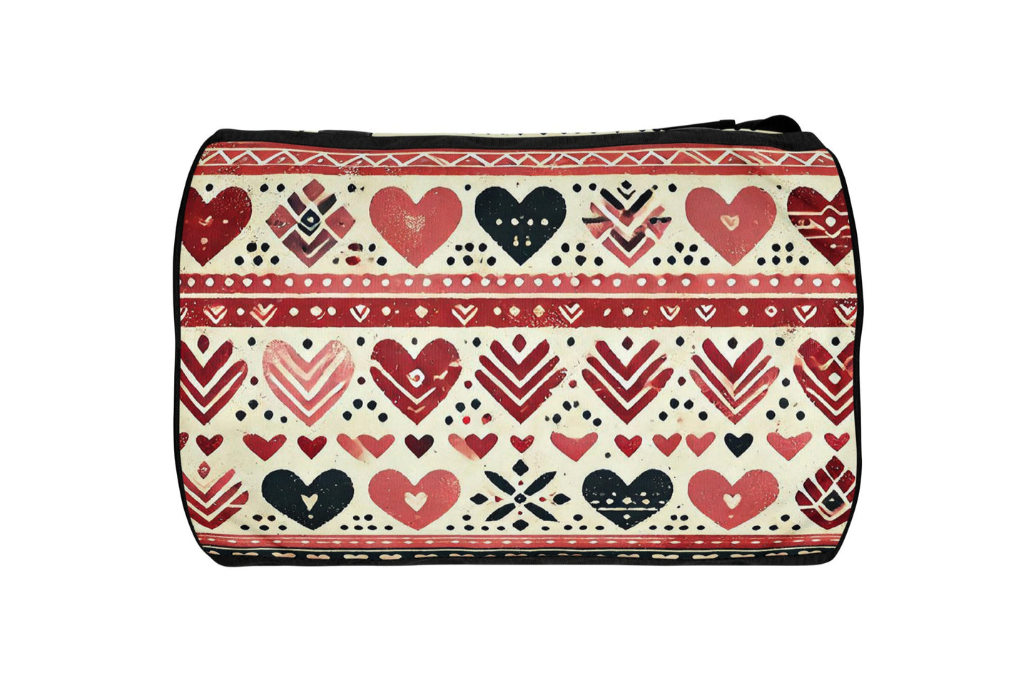 Bottom of burgundy and pink hearts patterned gym bag