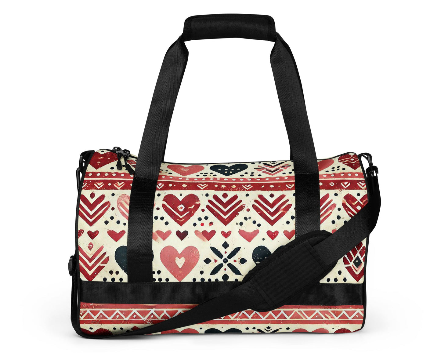 Front of burgundy and pink hearts patterned gym bag