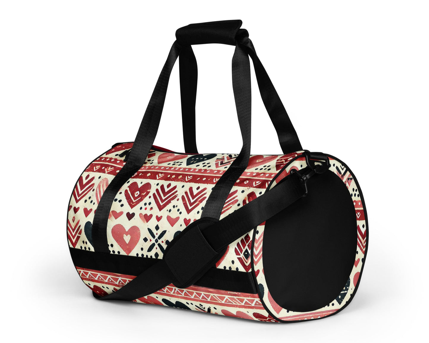 Left ront of burgundy and pink hearts patterned gym bag