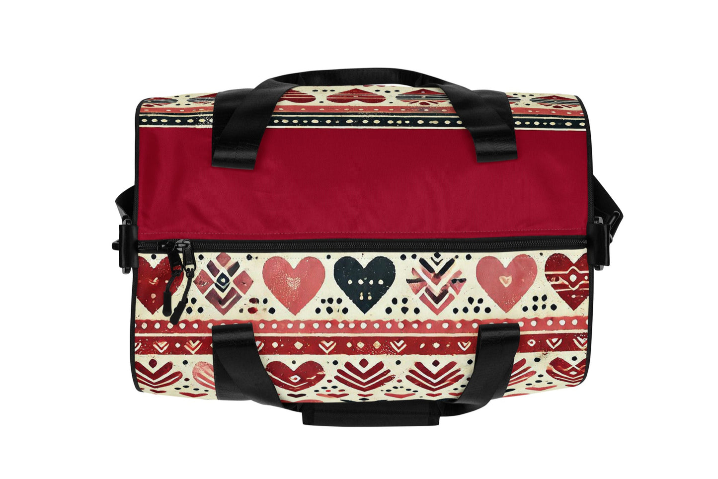 Top of burgundy and pink hearts patterned gym bag
