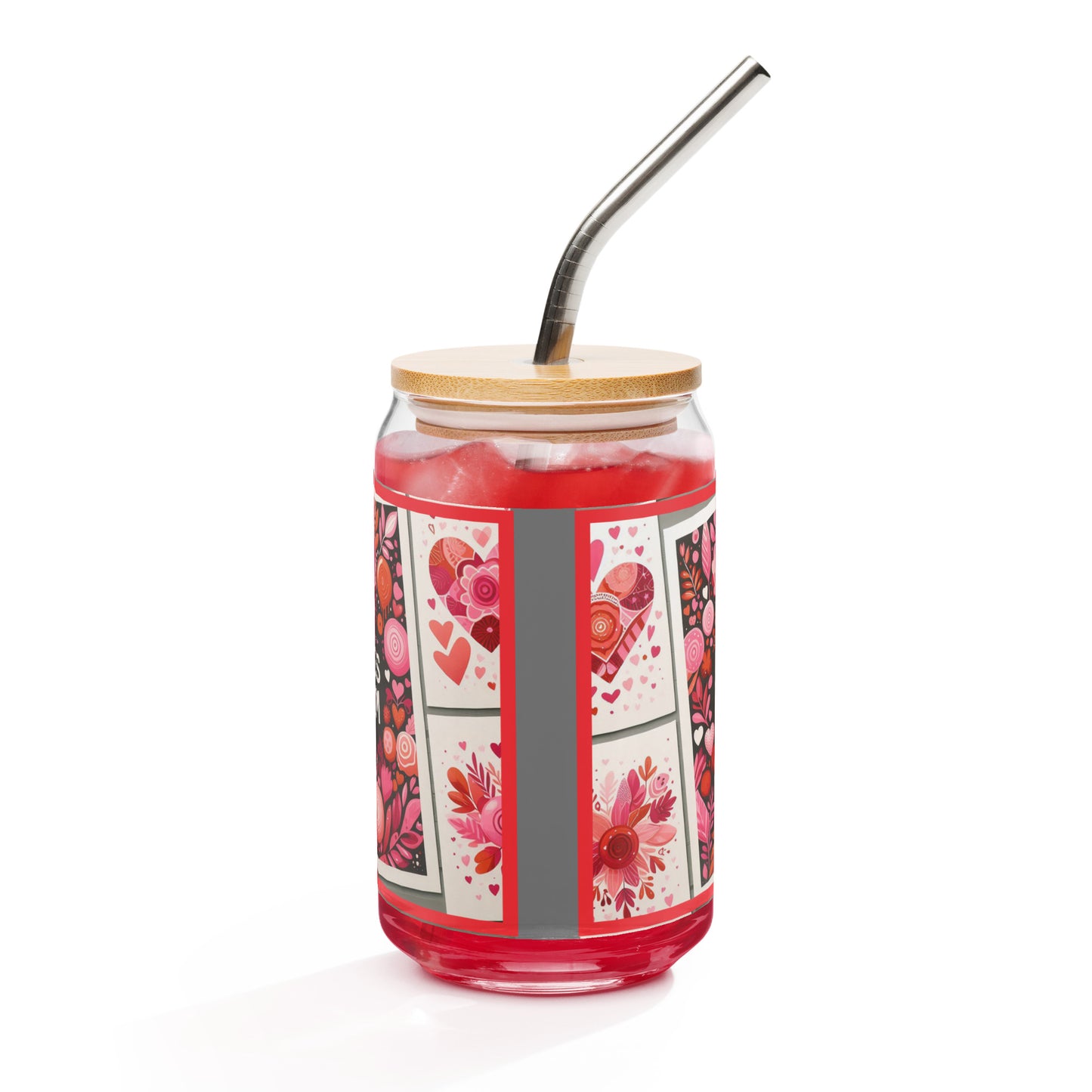 Right view of glassware with lid and straw and image of hearts of pinks on a white background