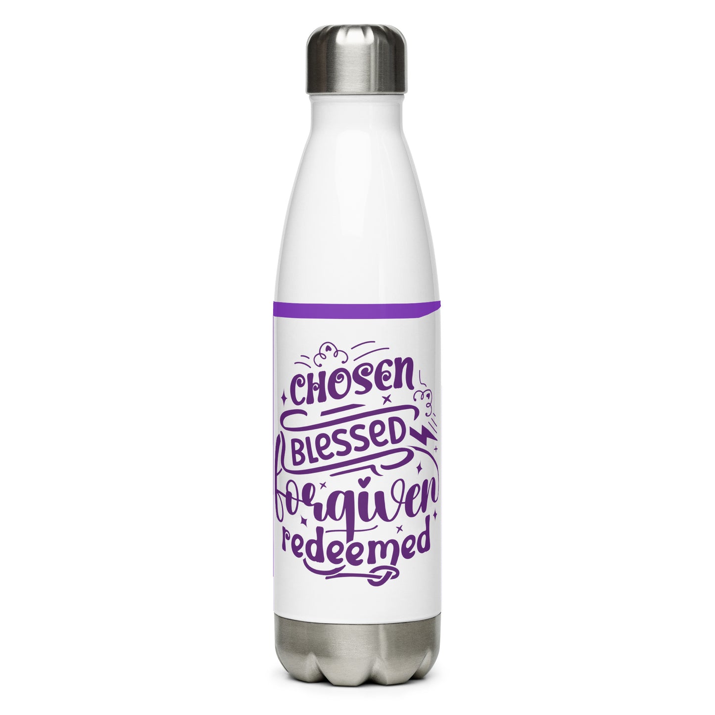 Back of a white stainless steel water bottle with purple lined design and text saying 'Chosen blessed forgiven redeemed'