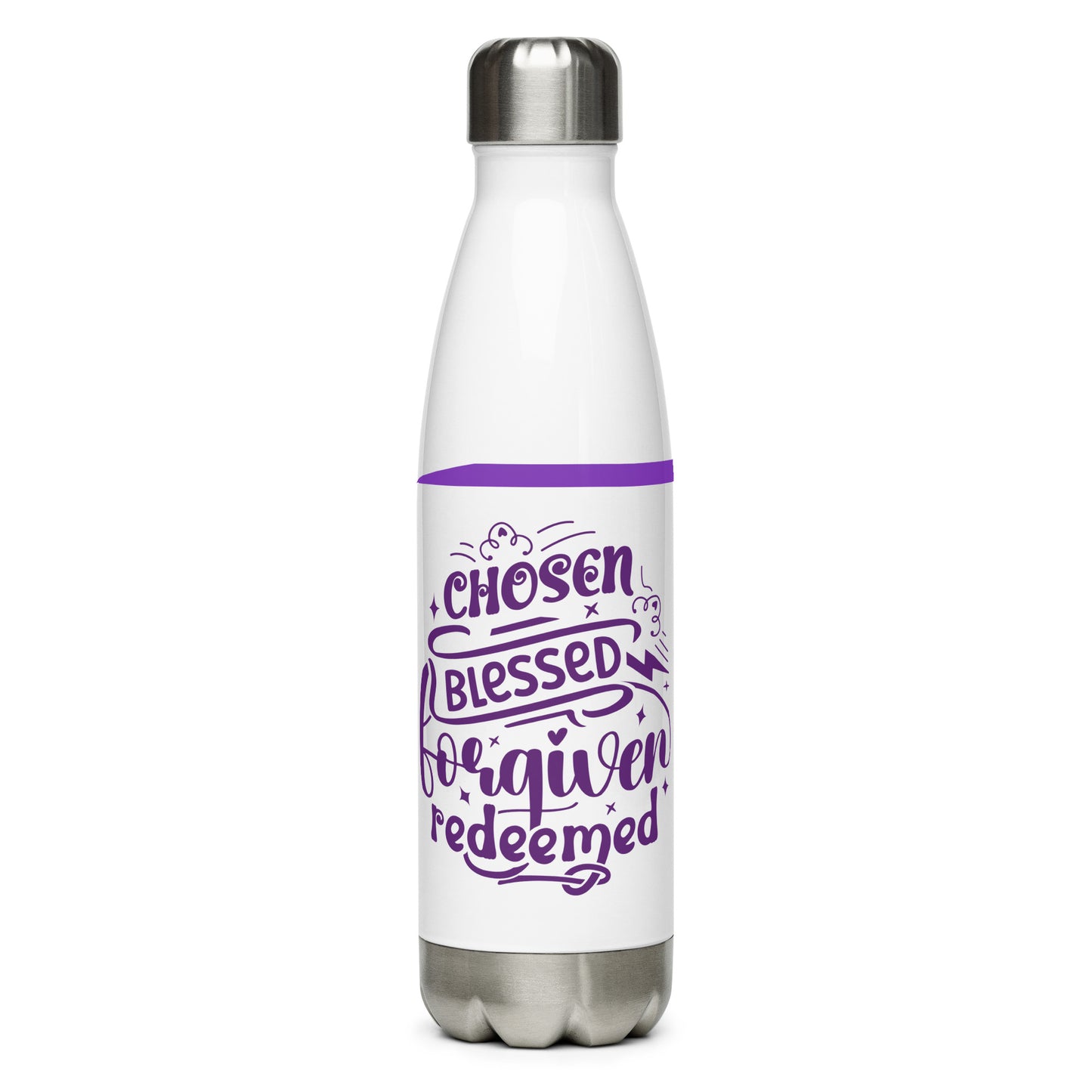 Front of a white stainless steel water bottle with purple lined design and text saying 'Chosen blessed forgiven redeemed'
