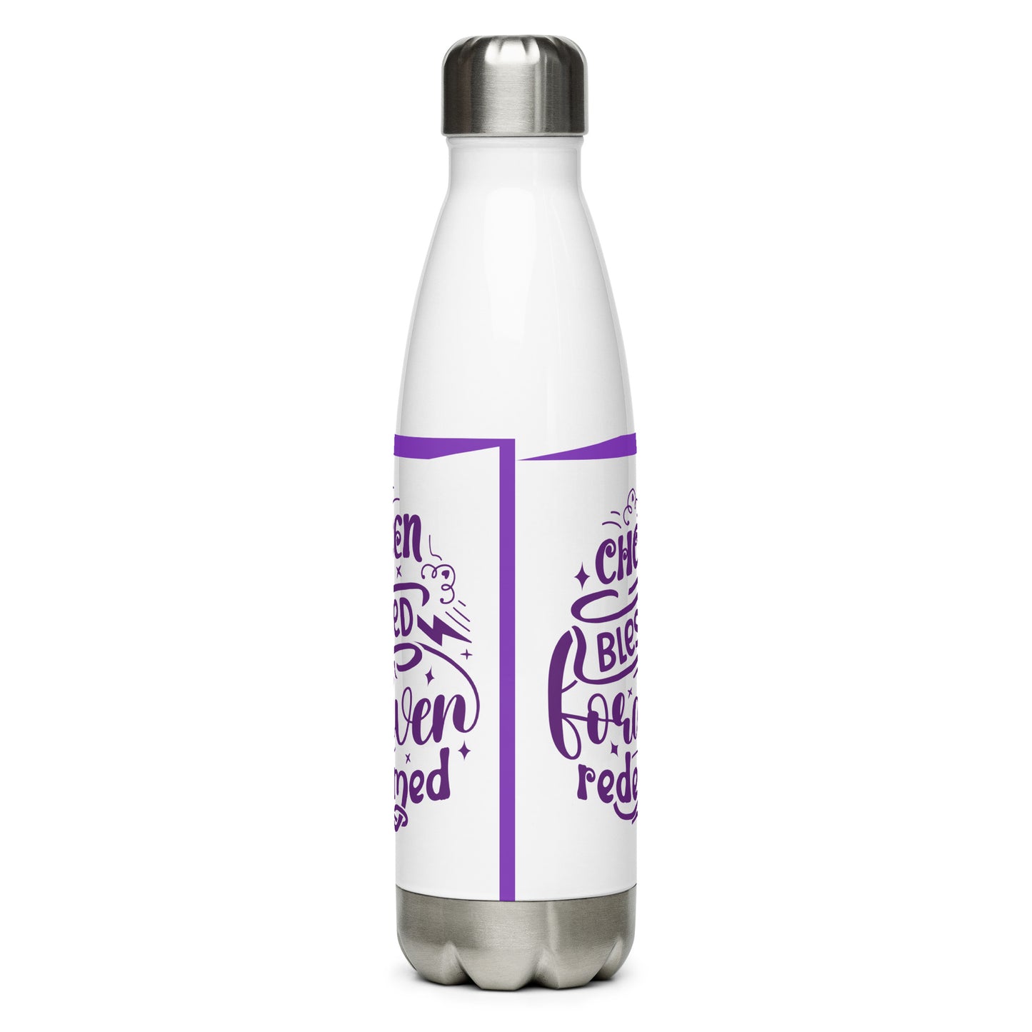 Left of a white stainless steel water bottle with purple lined design and text saying 'Chosen blessed forgiven redeemed'