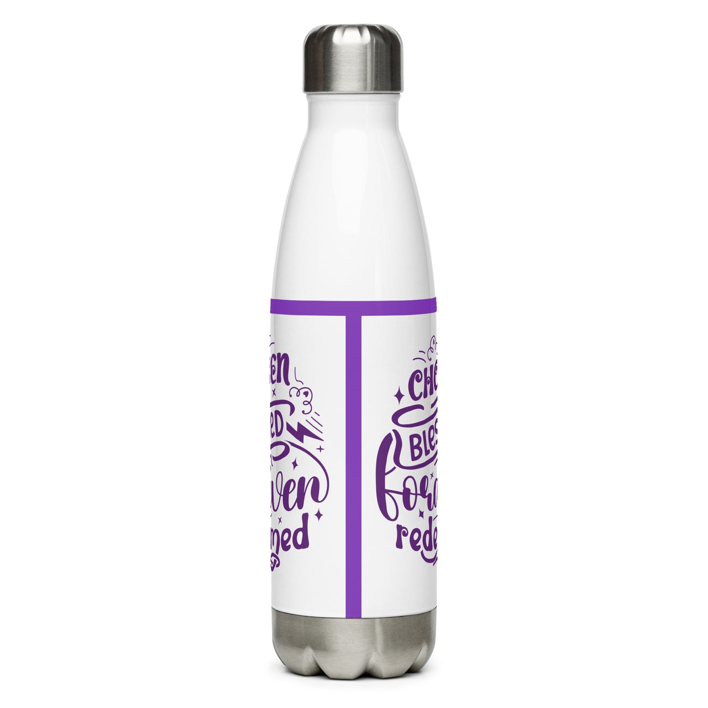 Right of a white stainless steel water bottle with purple lined design and text saying 'Chosen blessed forgiven redeemed'