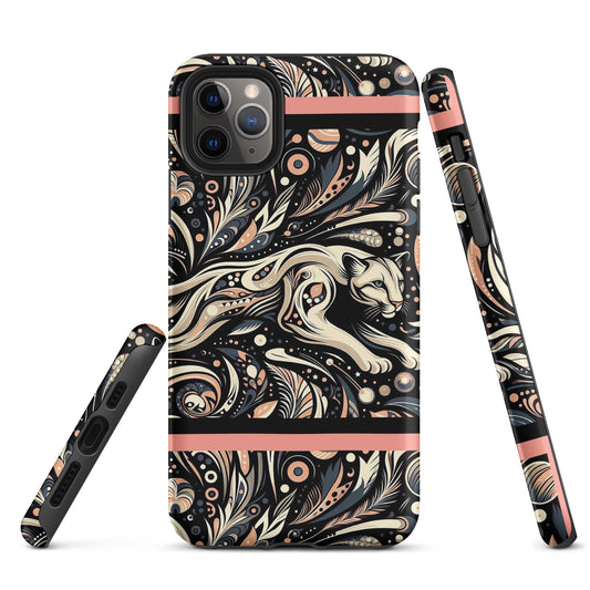 Front of iPhone 11 pro max case with gray and black background and cougar image in black, gray and pink