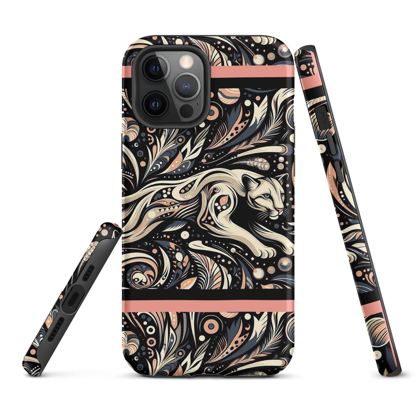 Front of iPhone 12 pro case with gray and black background and cougar image in black, gray and pink