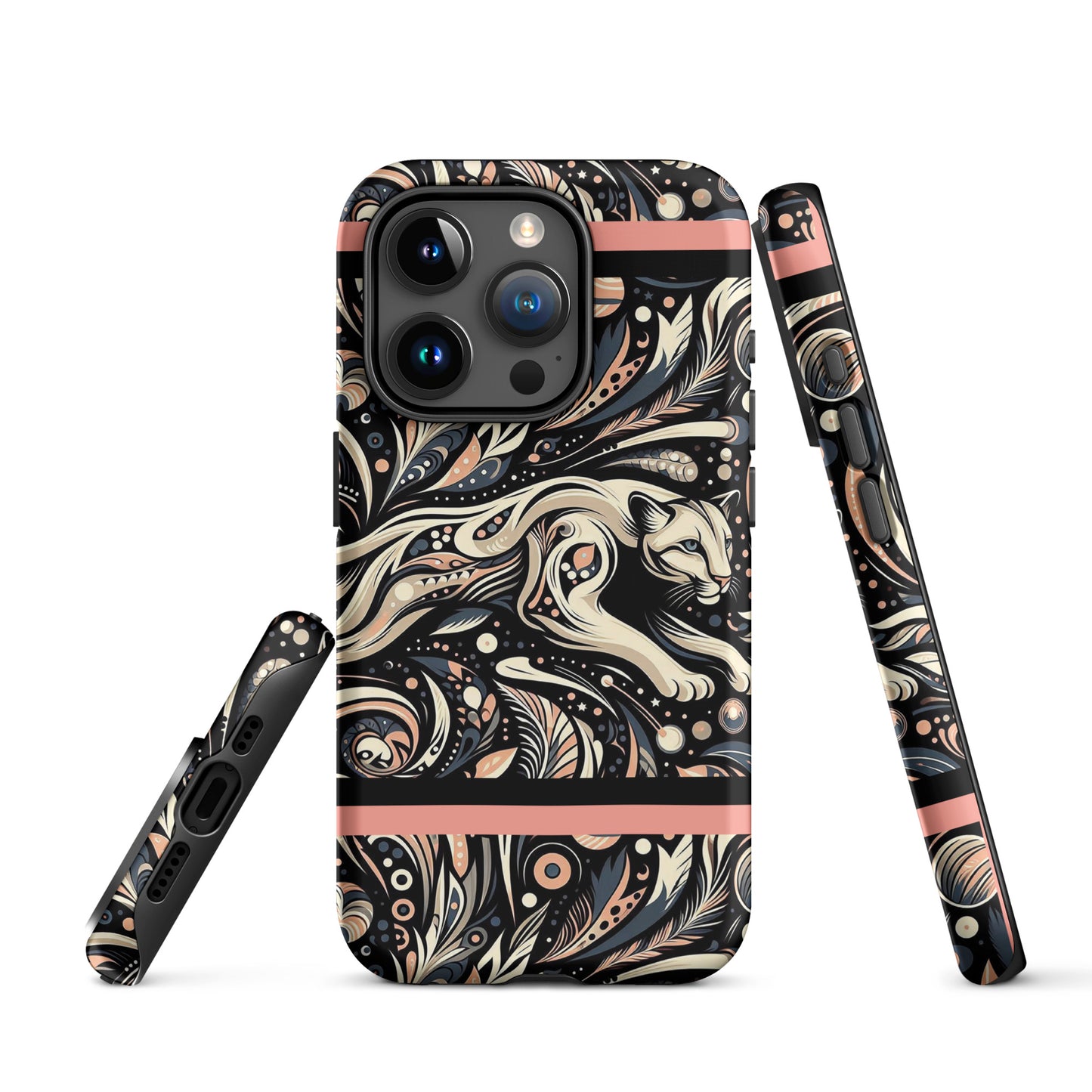 Front of iPhone 15 pro case with gray and black background and cougar image in black, gray and pink