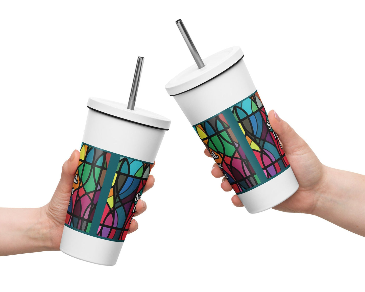 Back of a white tumbler covered in a stained-glass wrap with white text saying 'Deacon' and scripture from Timothy 3:8,9