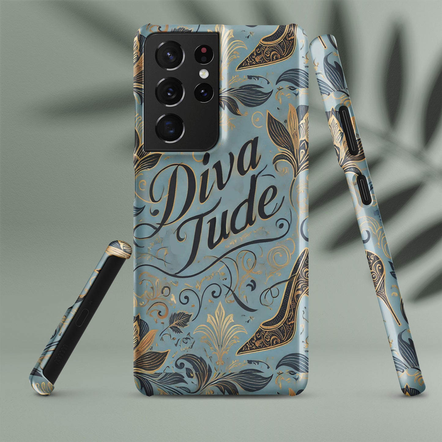 Front of blue pattern Samsung s21 ultra case with text saying 'DivaTude'