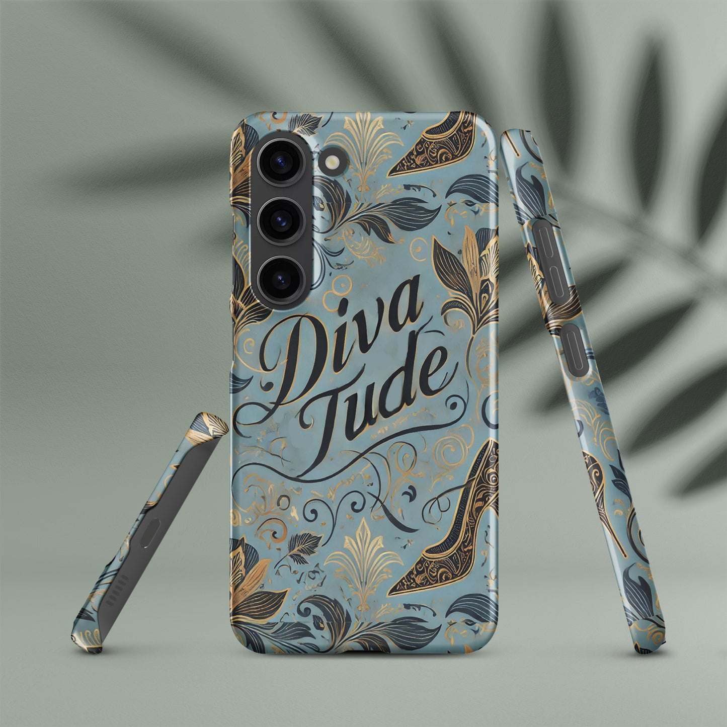 Front of blue pattern Samsung s23 case with text saying 'DivaTude'