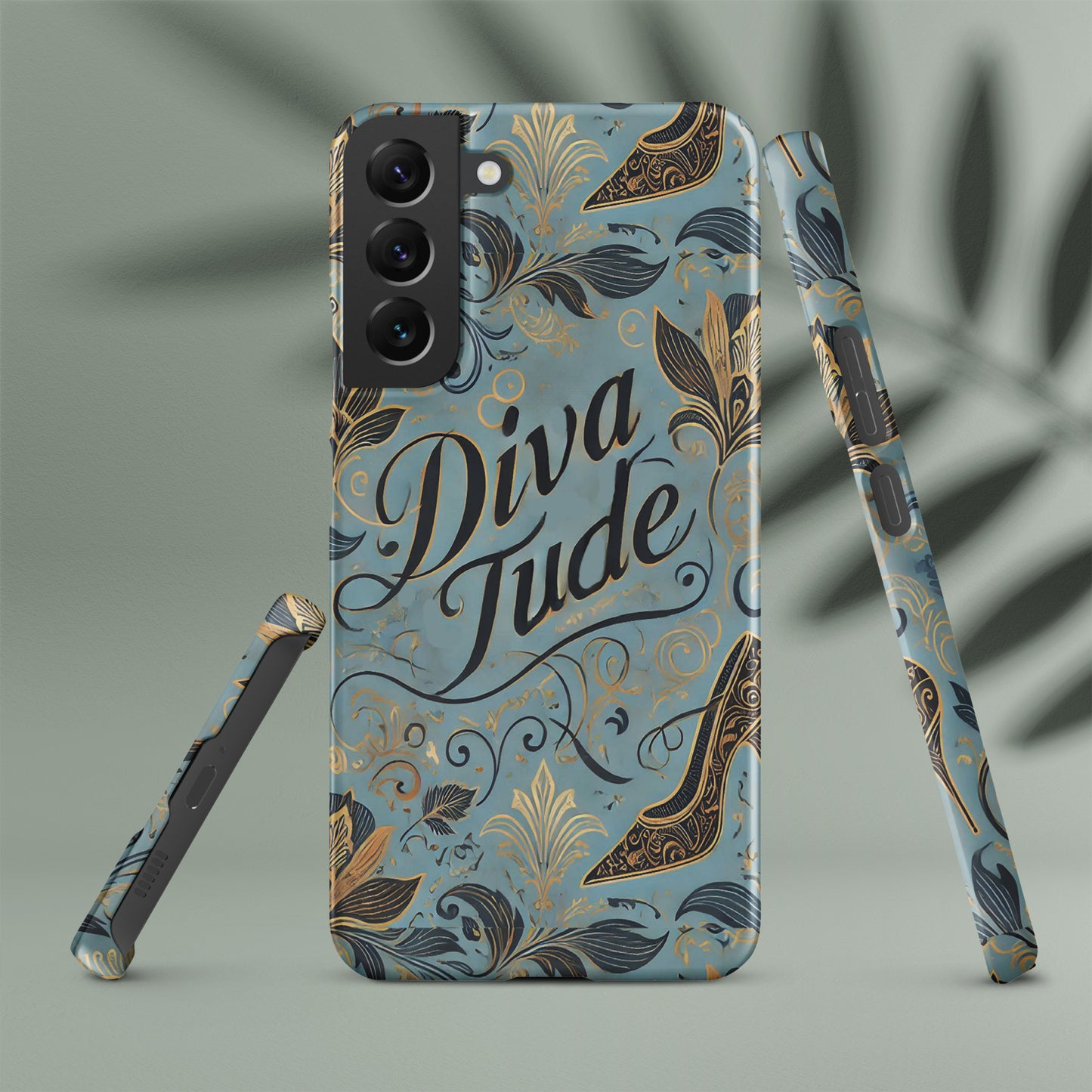 Front of blue pattern Samsung s22 plus case with text saying 'DivaTude'