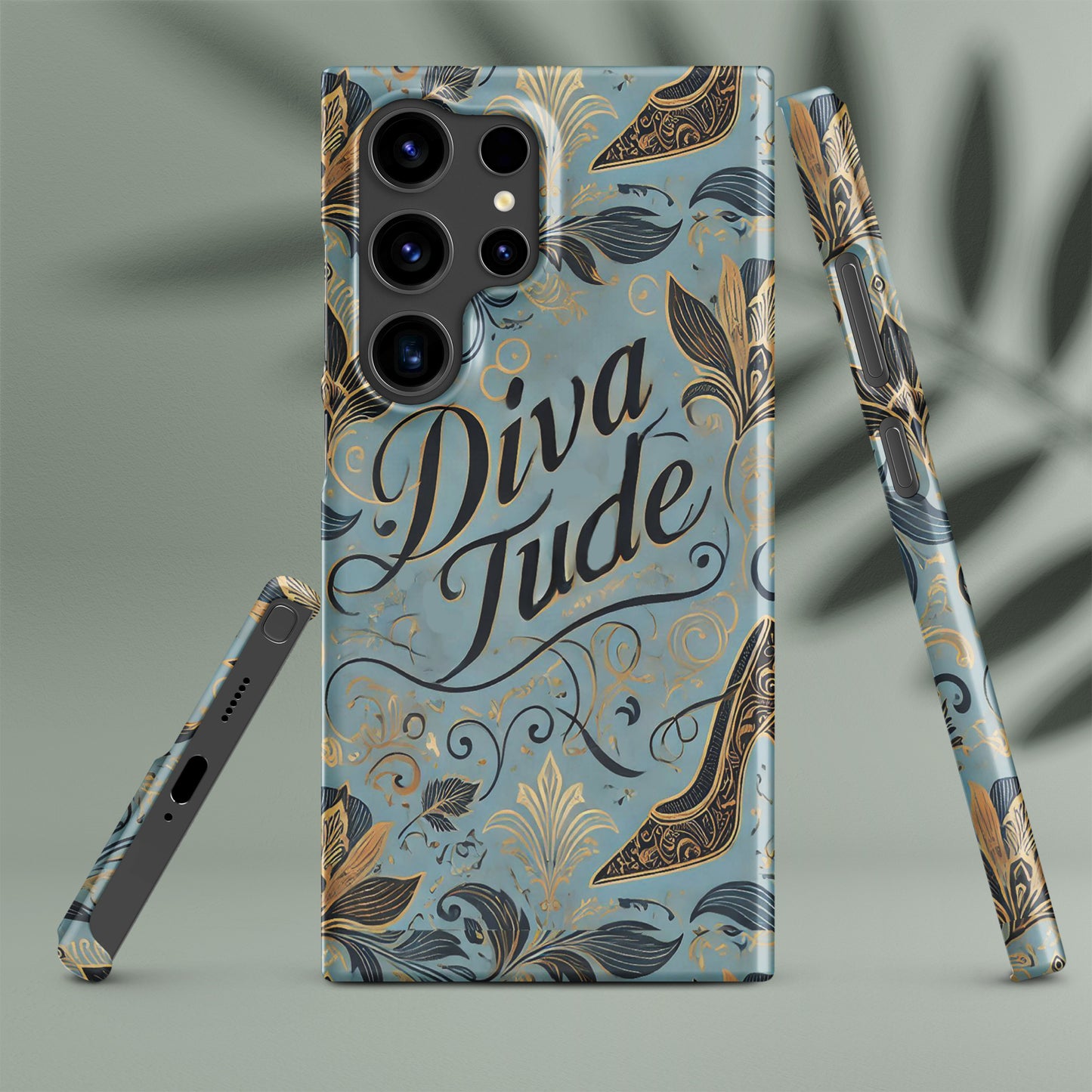 Front of blue pattern Samsung s24 ultra case with text saying 'DivaTude'