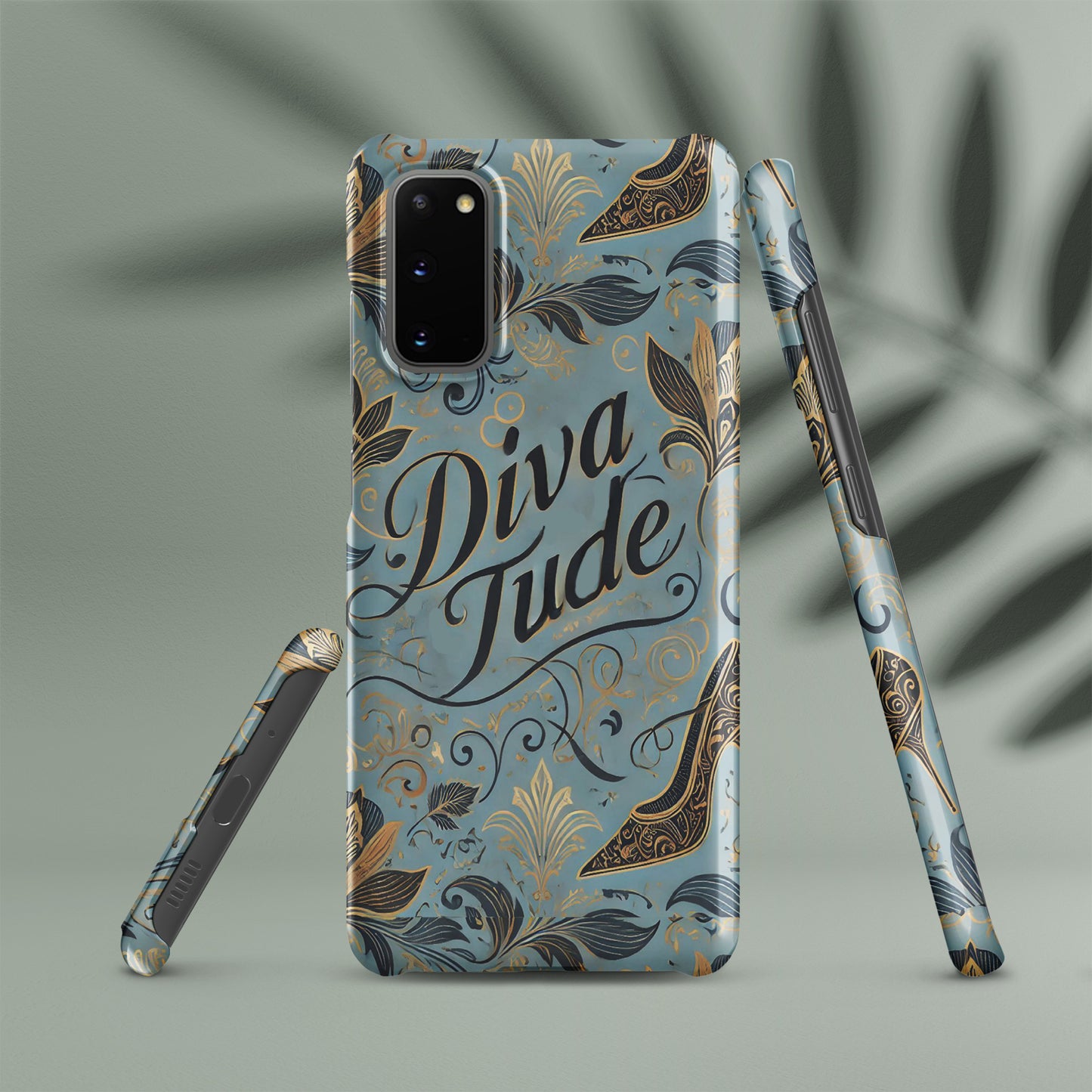 Front of blue pattern Samsung s20 case with text saying 'DivaTude'