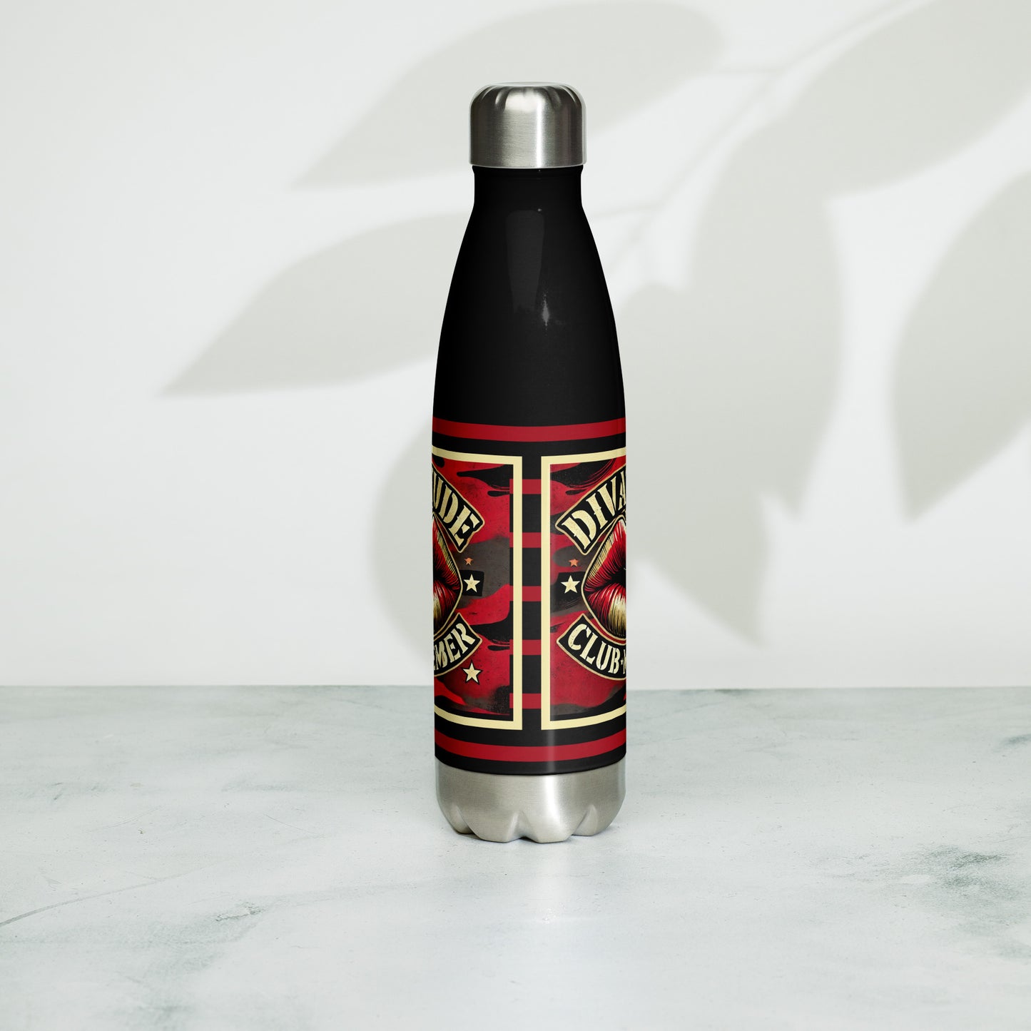 Front of DivaTude Member Camou black water bottle