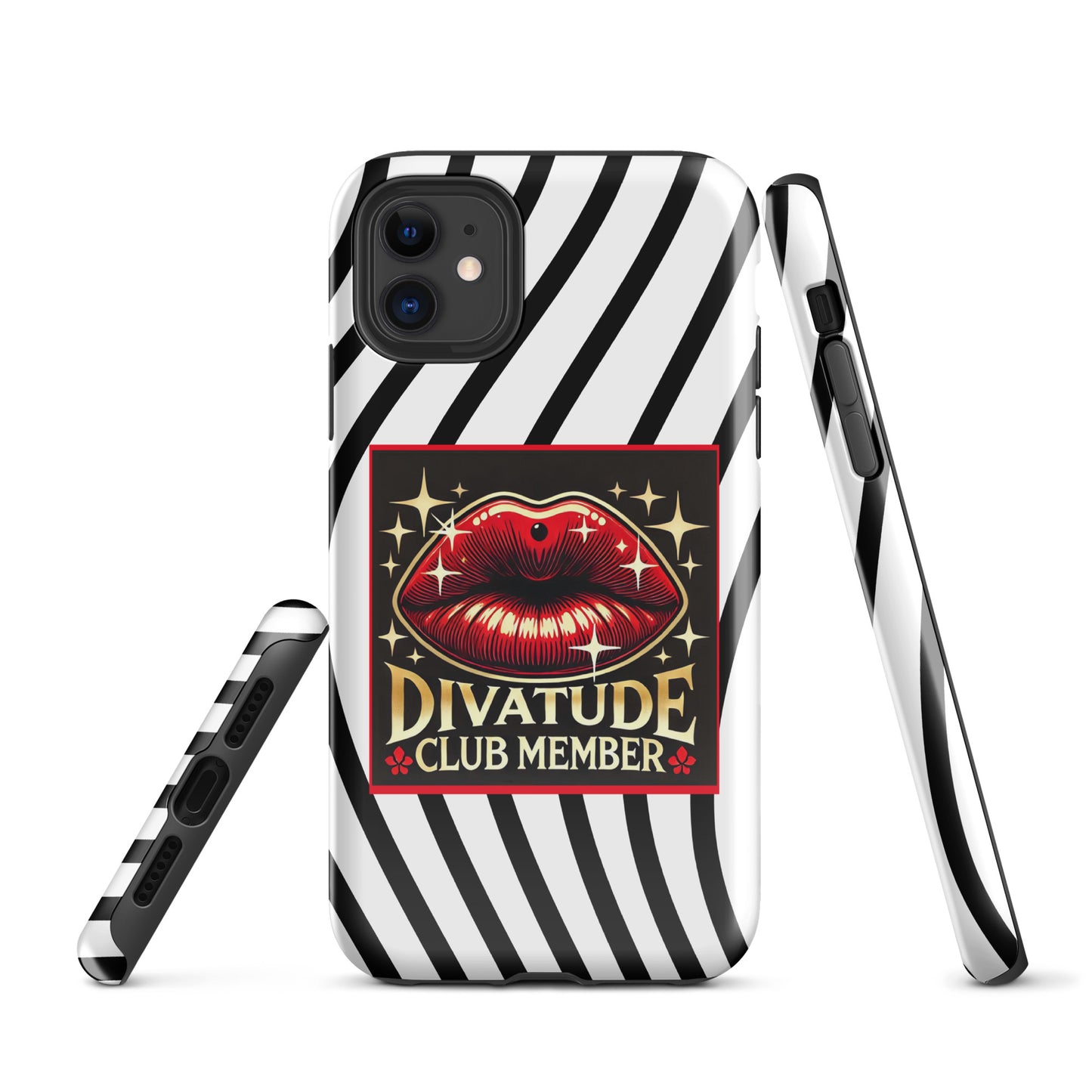 Front of iPhone 11 case with DivaTude icon of red lips and words 'DivaTude Club member' on white background and wavy black lines