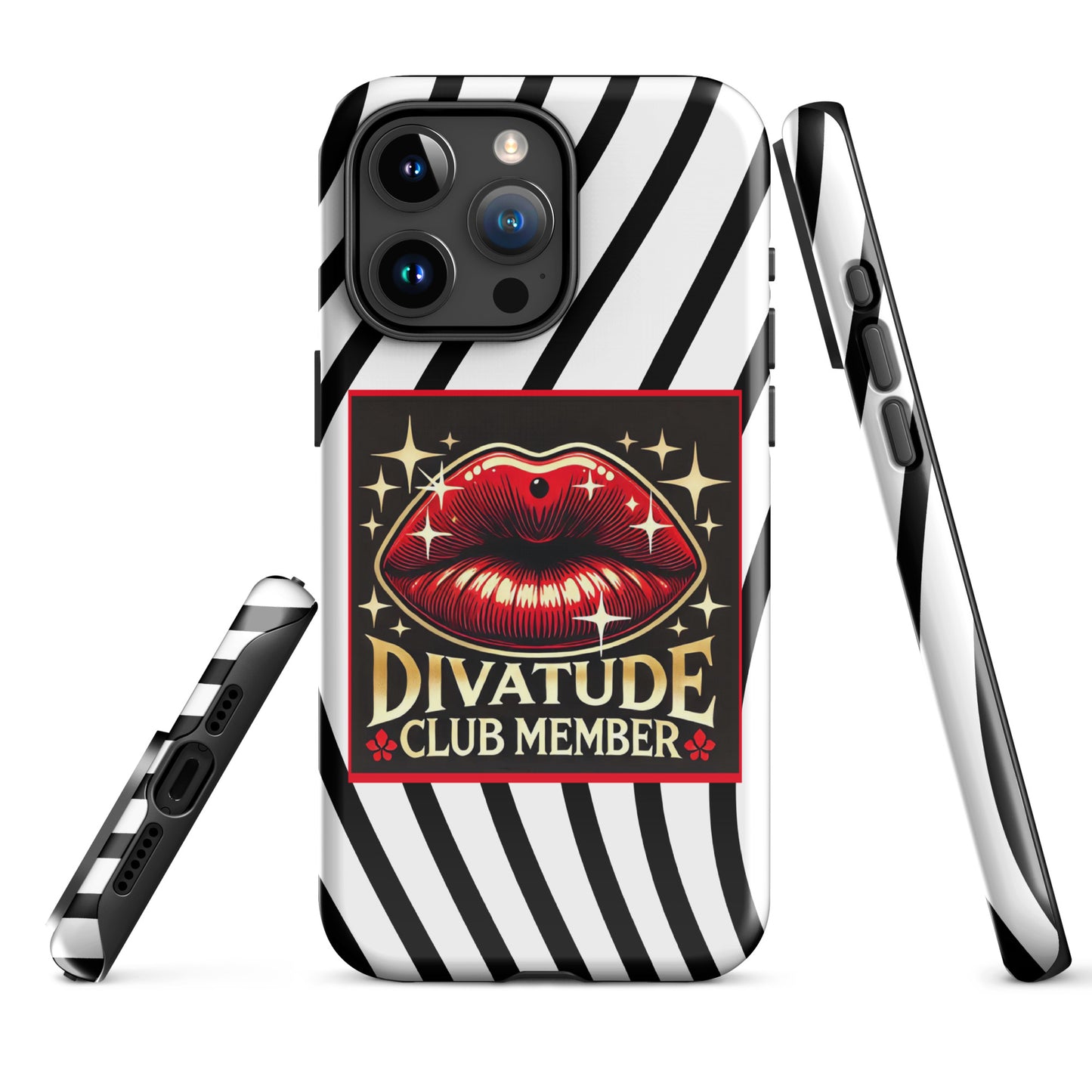 Front of iPhone 15 pro case with DivaTude icon of red lips and words 'DivaTude Club member' on white background and wavy black lines
