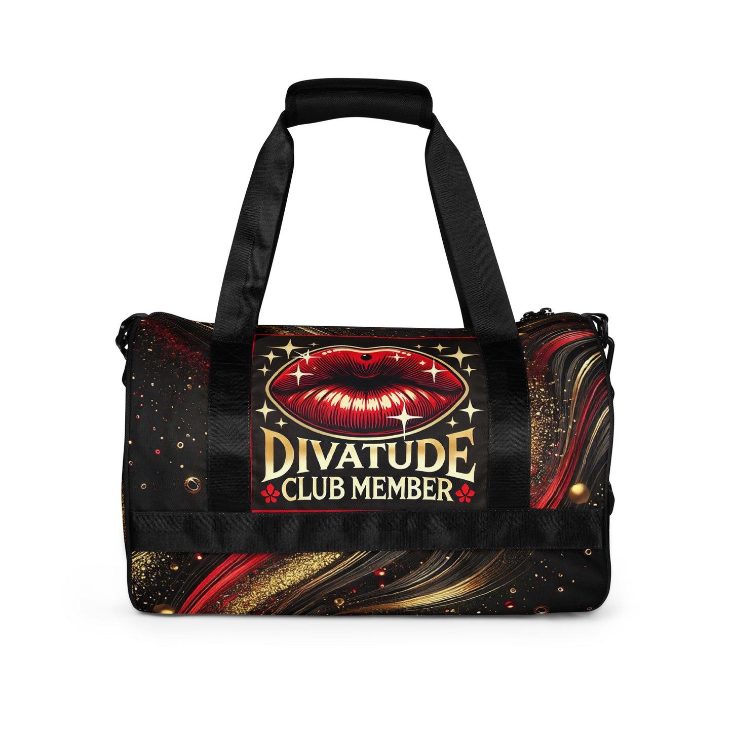 Back of black and gold patterned gym bag with DivaTude icon of red lips and words 'DivaTude Club member'