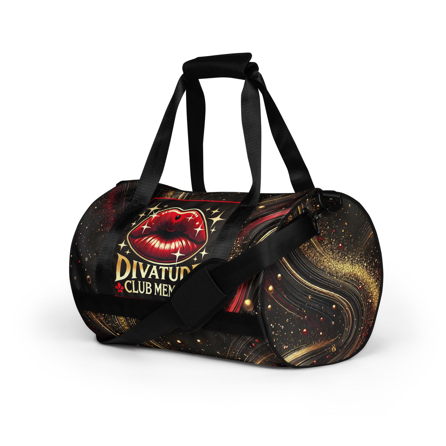 Left front of black and gold patterned gym bag with DivaTude icon of red lips and words 'DivaTude Club member'