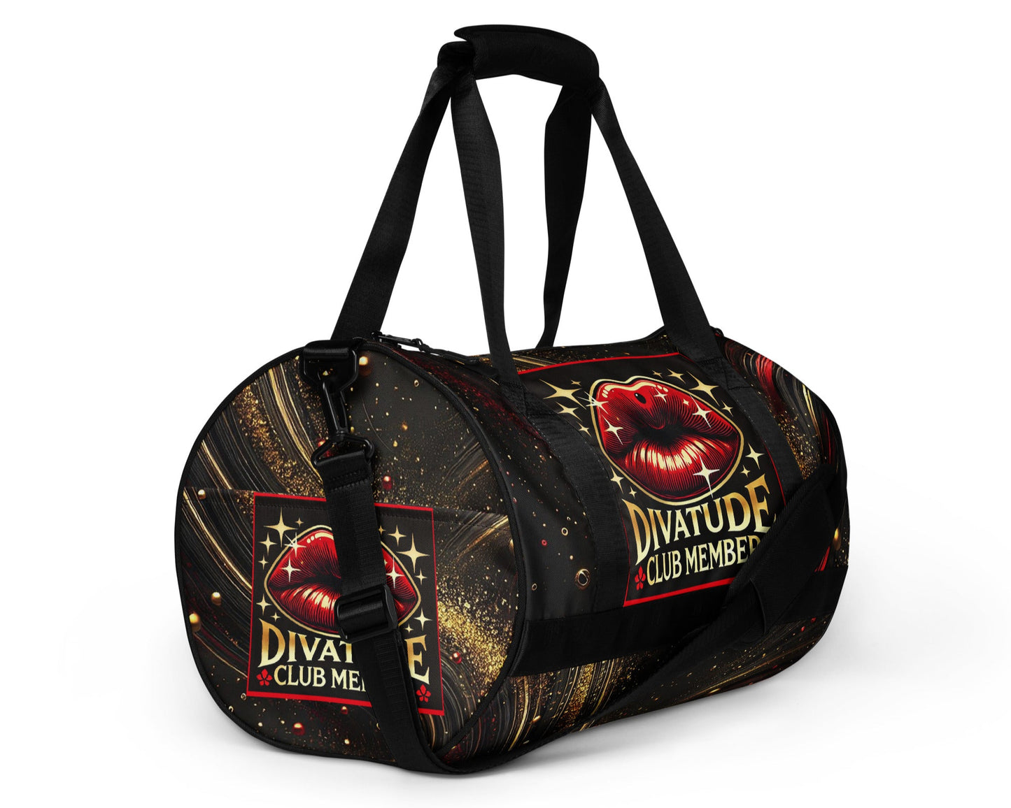 Right front of black and gold patterned gym bag with DivaTude icon of red lips and words 'DivaTude Club member'