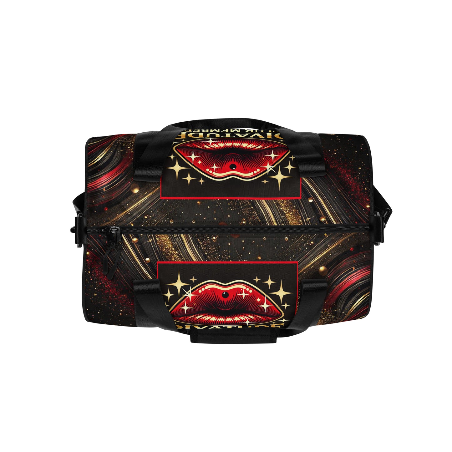 Top of black and gold patterned gym bag with DivaTude icon of red lips and words 'DivaTude Club member'