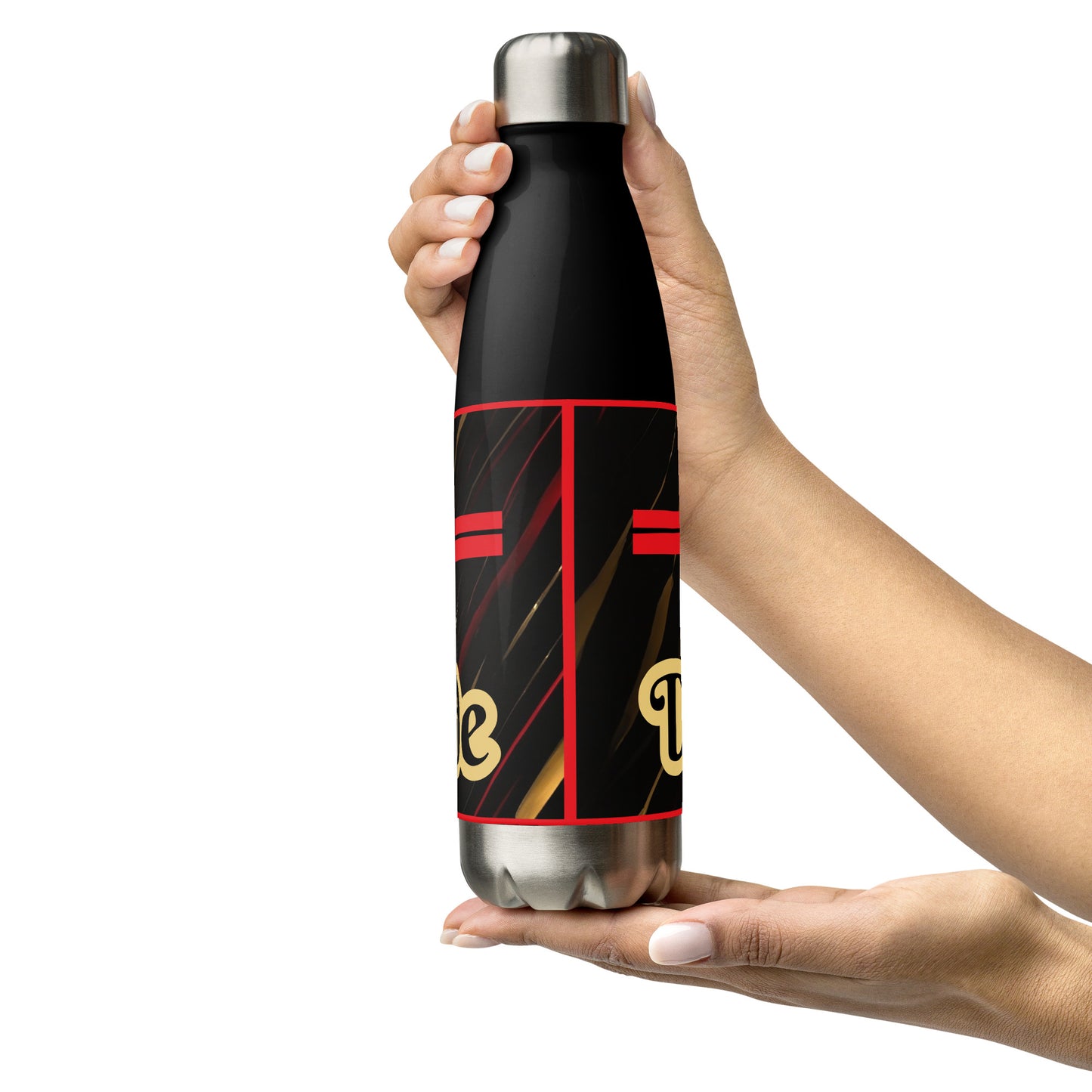 Back of a black stainless-steel tumbler with red borders on a black patterned background