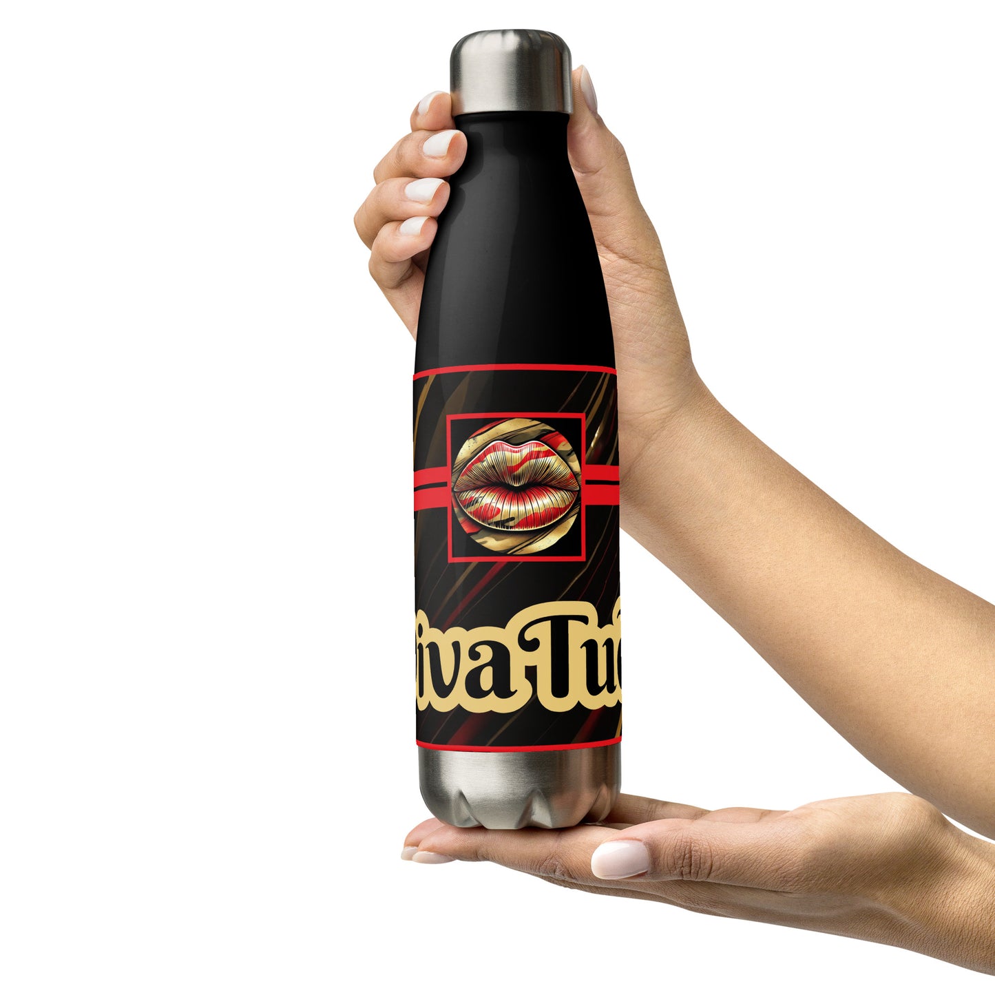 Front of a black stainless-steel tumbler with icon of gold, black, and red lips on black patterned background with words 'Divatude'