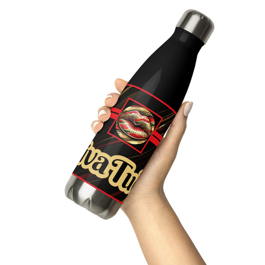 Front of a black stainless-steel tumbler with icon of gold, black, and red lips on black patterned background with words 'Divatude'