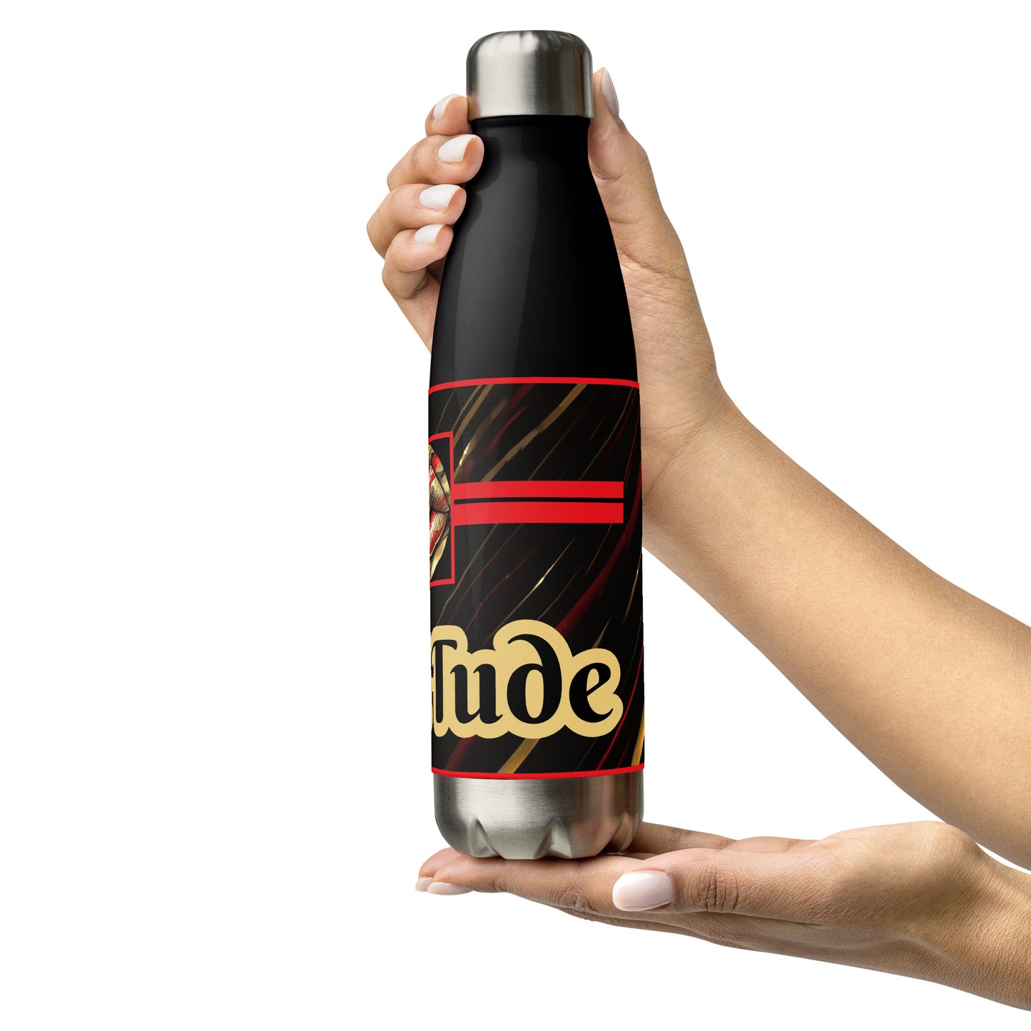 Left of a black stainless-steel tumbler with red lines on black patterned background with word 'Tude'