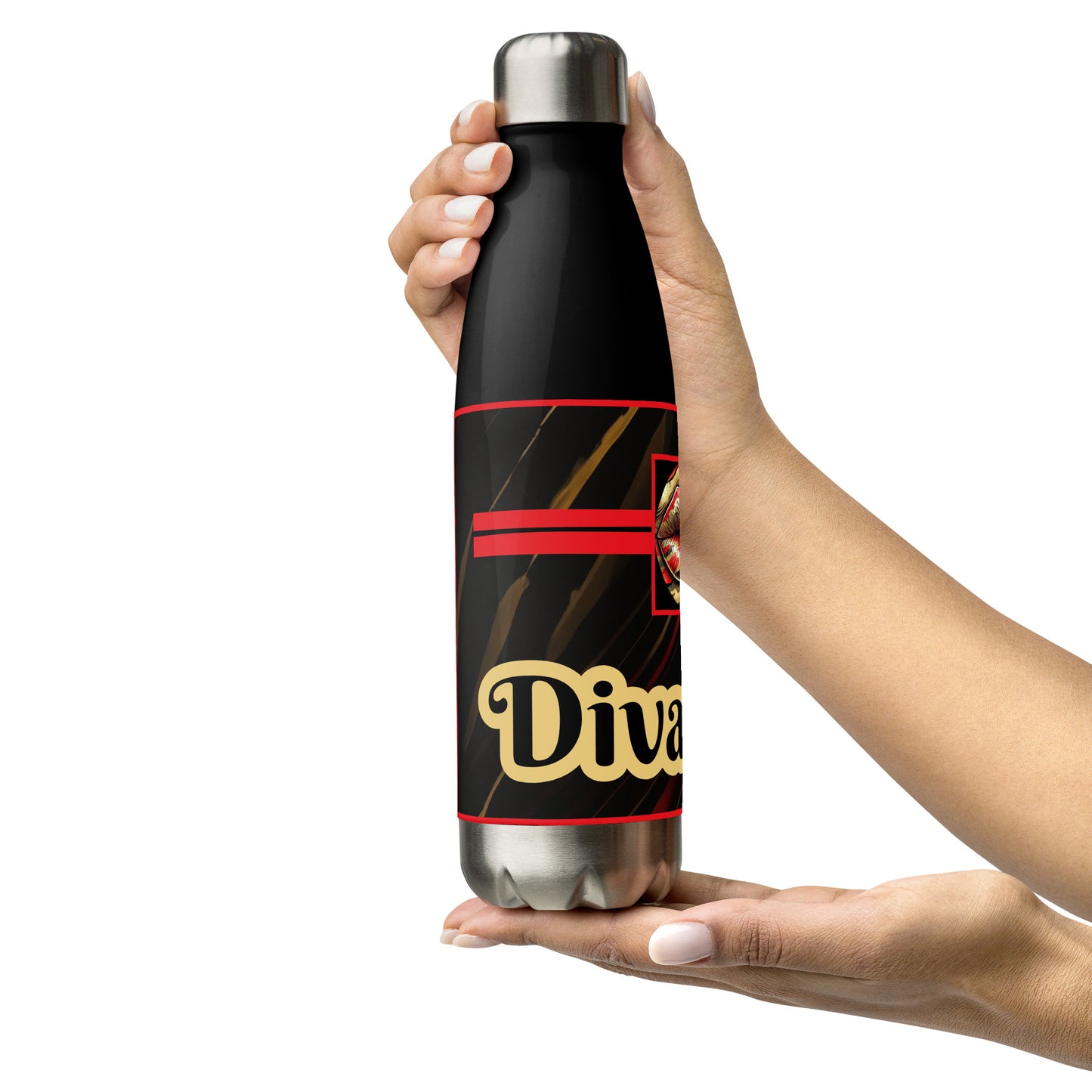 Right of a black stainless-steel tumbler with red lines on black patterned background with word 'Diva'