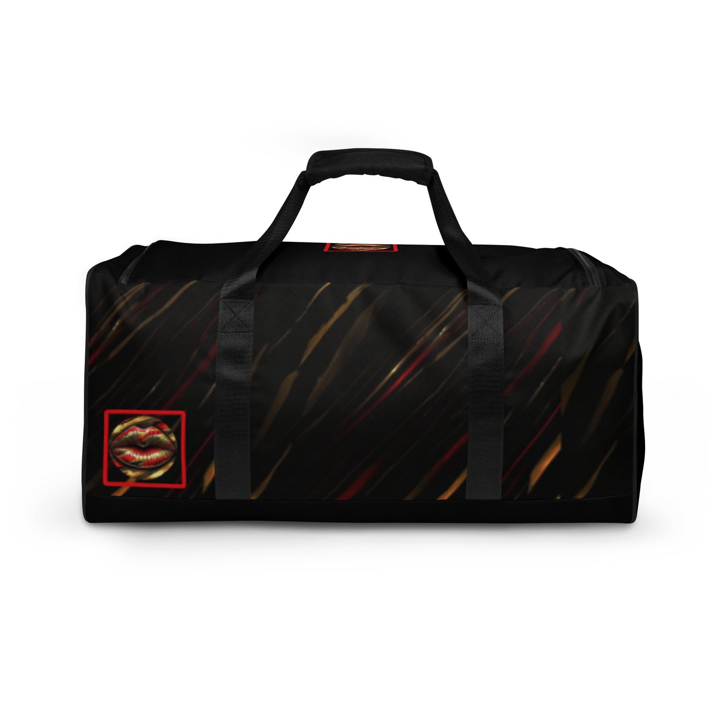 Back of a duffle bag with black patterned background and text