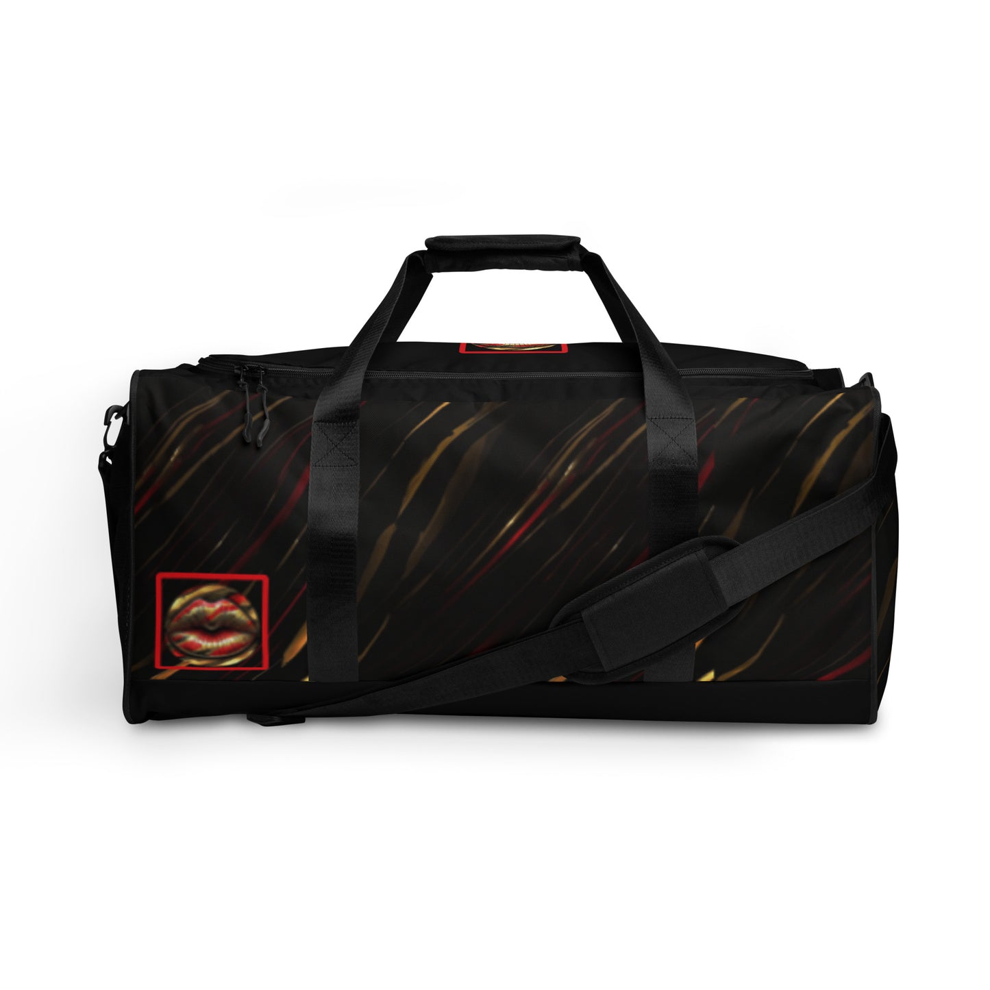 Front of a duffle bag with icon of gold, black, and red lips on black patterned background