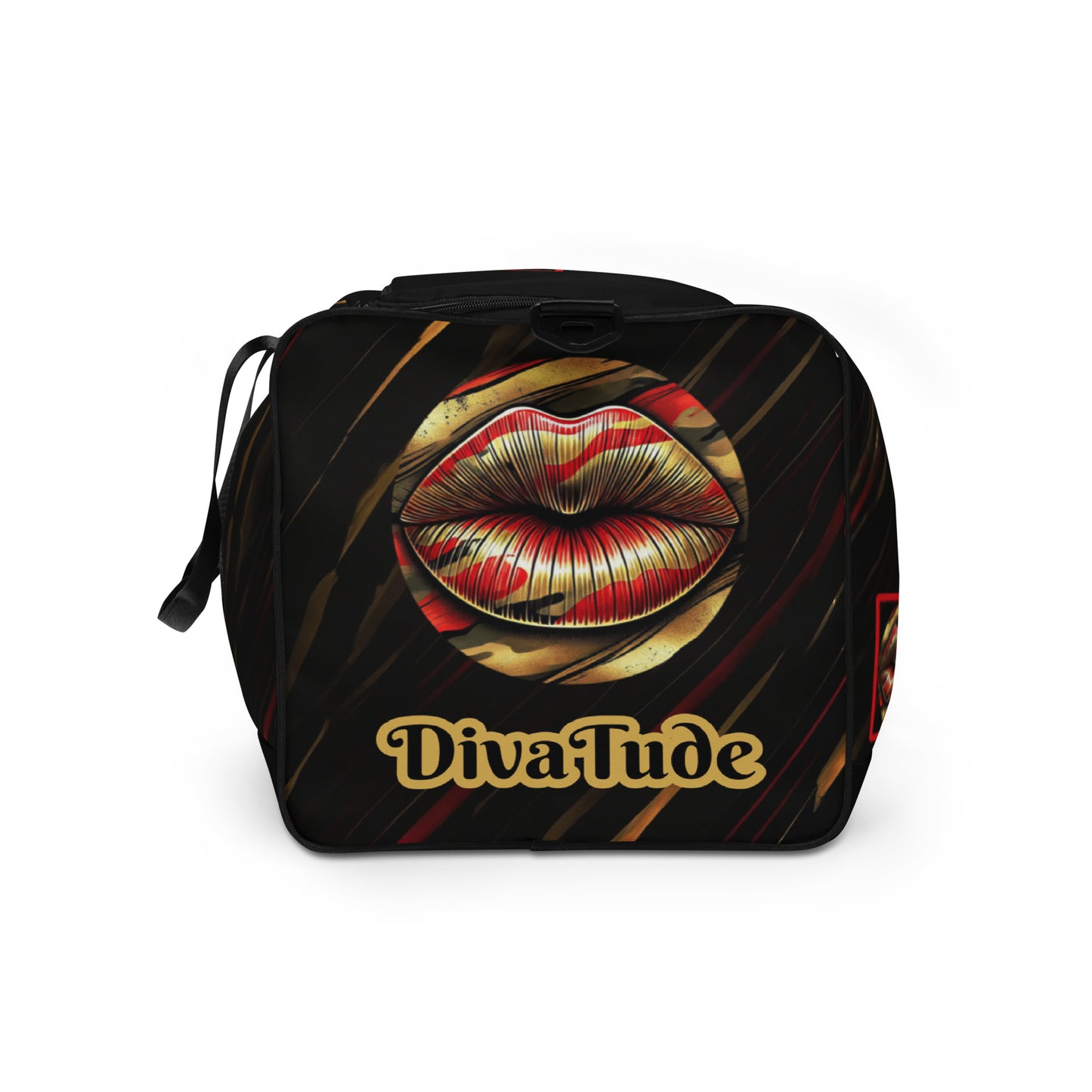Left of a duffle bag with icon of gold, black, and red lips on black patterned background and text saying 'DivaTude'