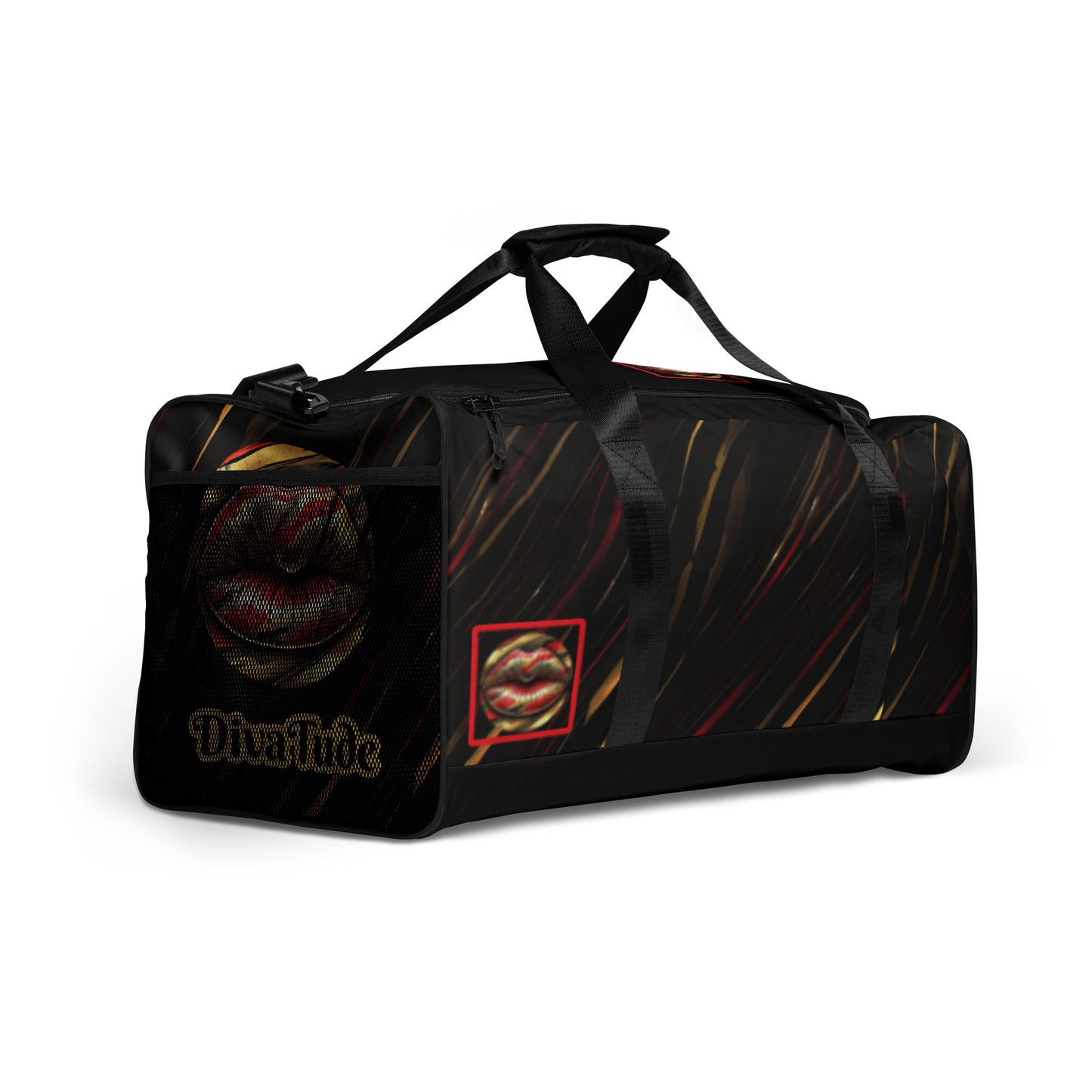 Right front of a duffle bag with icon of gold, black, and red lips on black patterned background and text saying 'DivaTude'