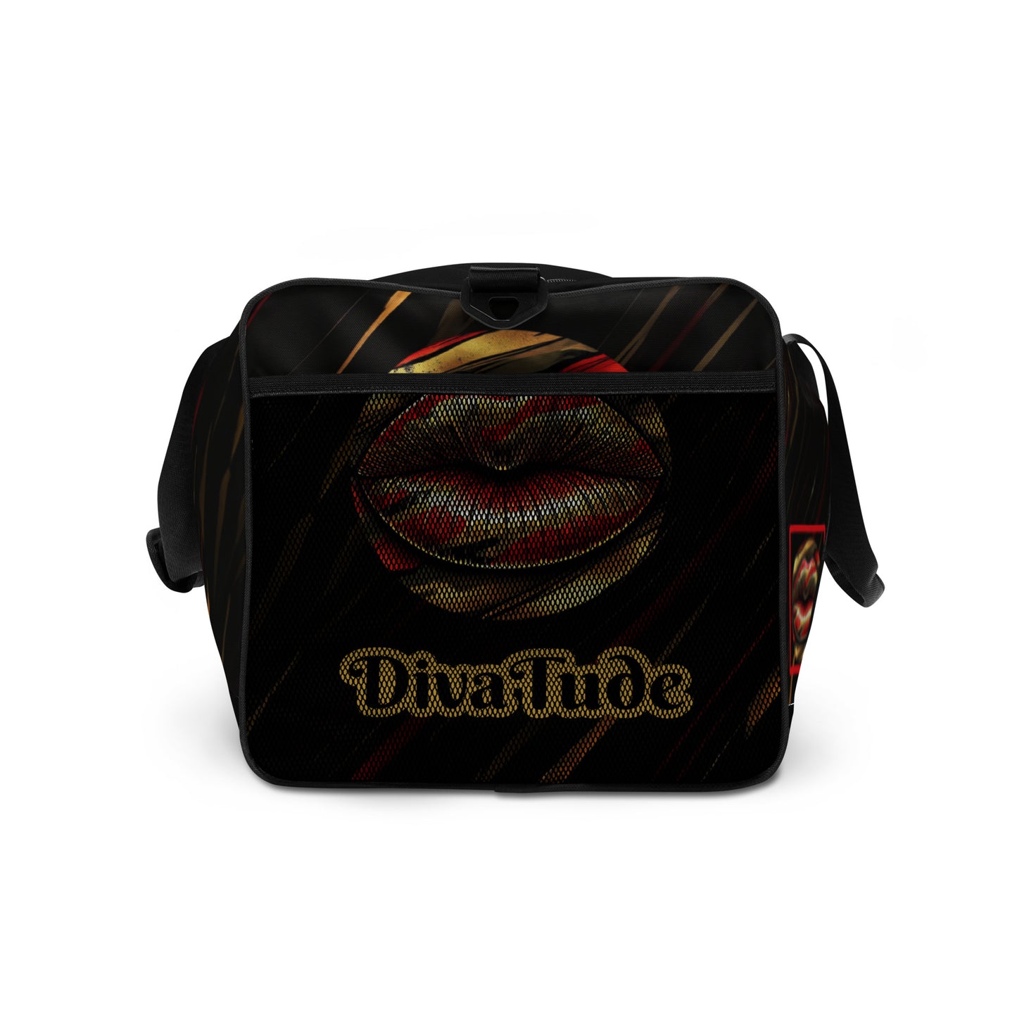 Right of a duffle bag with icon of gold, black, and red lips on black patterned background and text saying 'DivaTude'