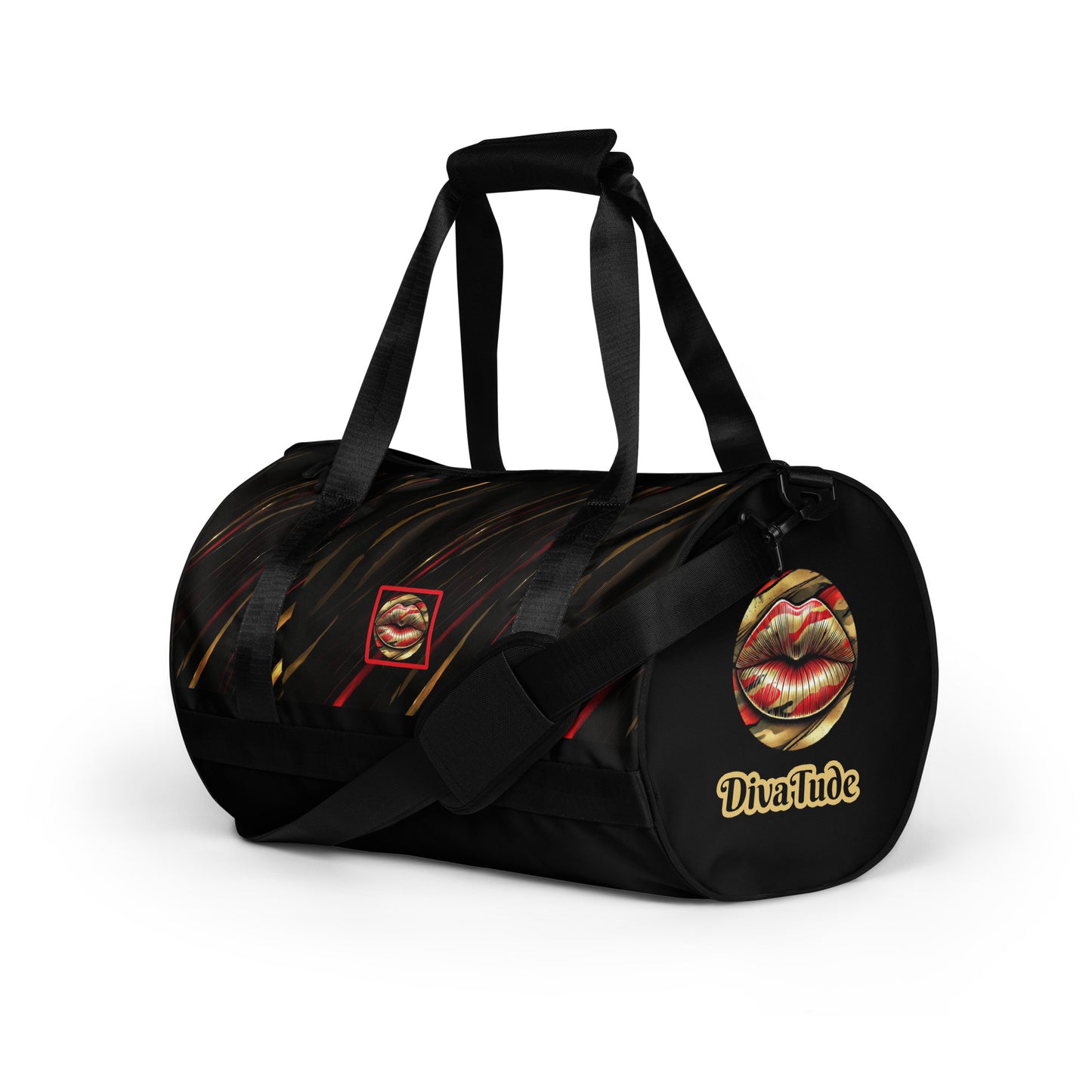 Left front of a gym bag with icon of gold, black, and red lips on black patterned background and text saying 'DivaTude'