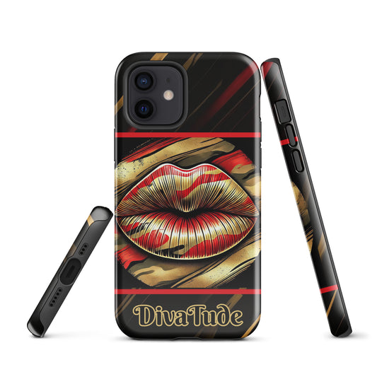 Front of an iPhone glossy case with icon of gold, black, and red lips on black patterned background with words 'Divatude'