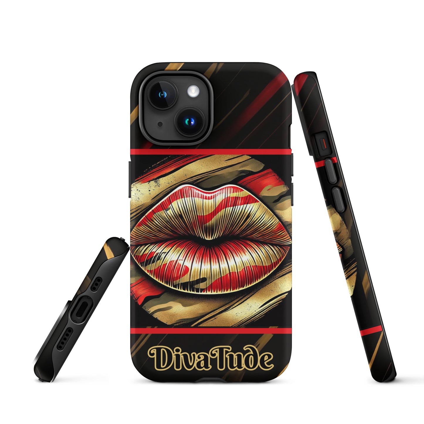 Front of an iPhone matte case with icon of gold, black, and red lips on black patterned background with words 'Divatude'