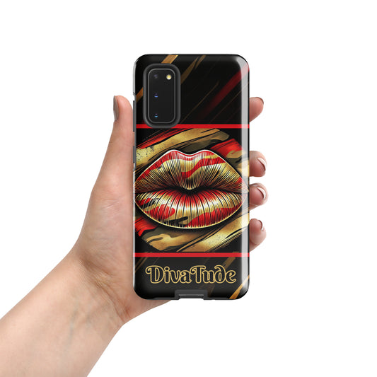 Front of a Samsung glossy case with icon of gold, black, and red lips on black patterned background with words 'Divatude'