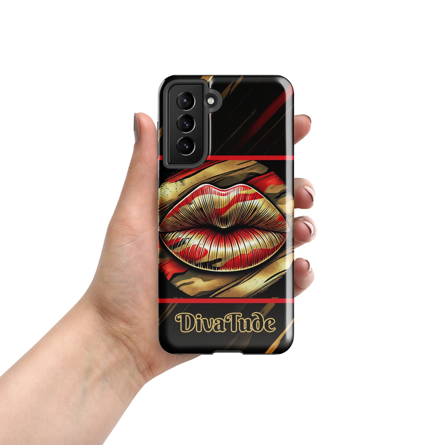 Front of a Samsung glossy case with icon of gold, black, and red lips on black patterned background with words 'Divatude'